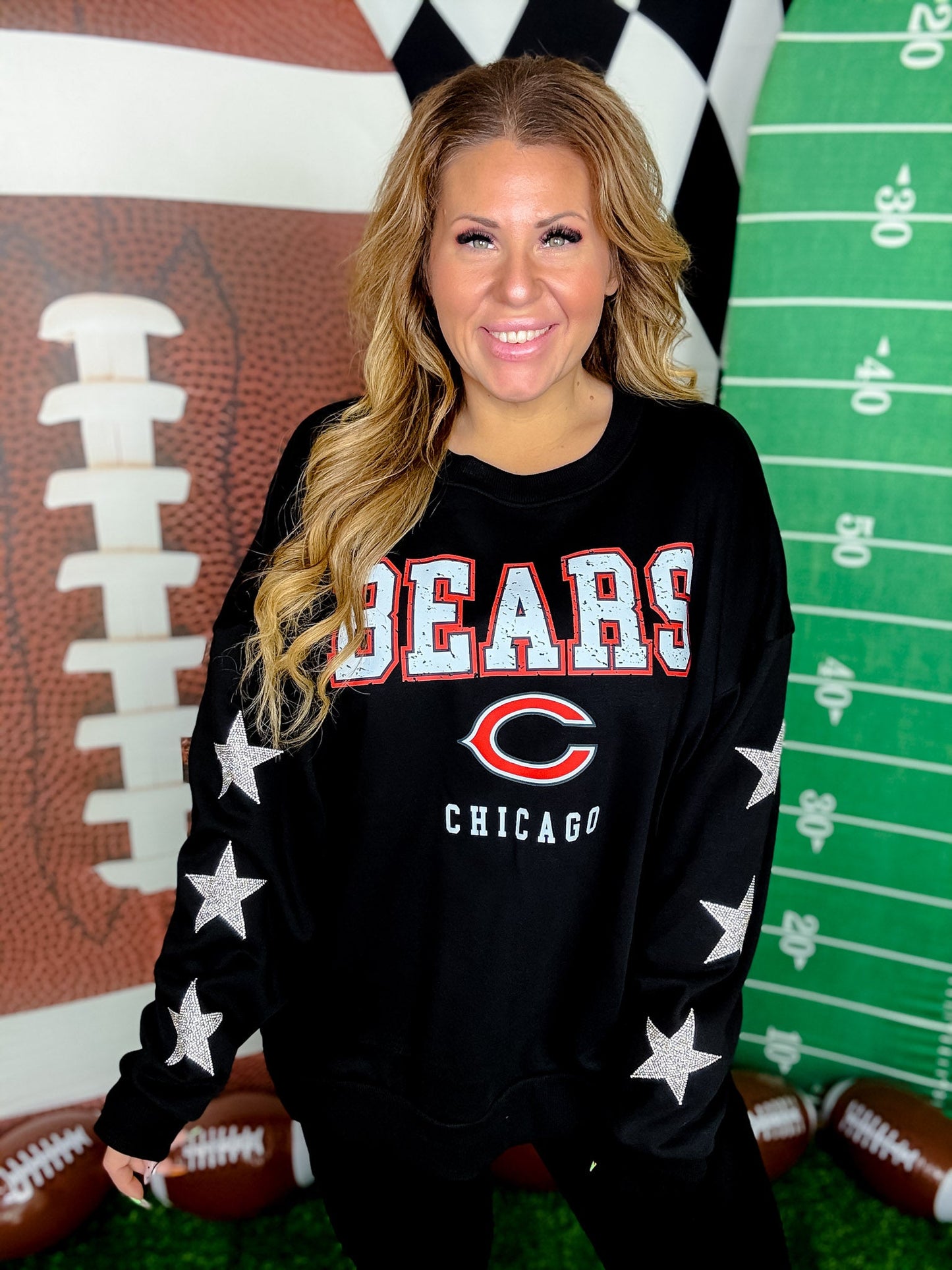 Rhinestone Embellished Licensed Chicago Bears Sweatshirt - Whiskey Skies - GAMEDAY COUTURE