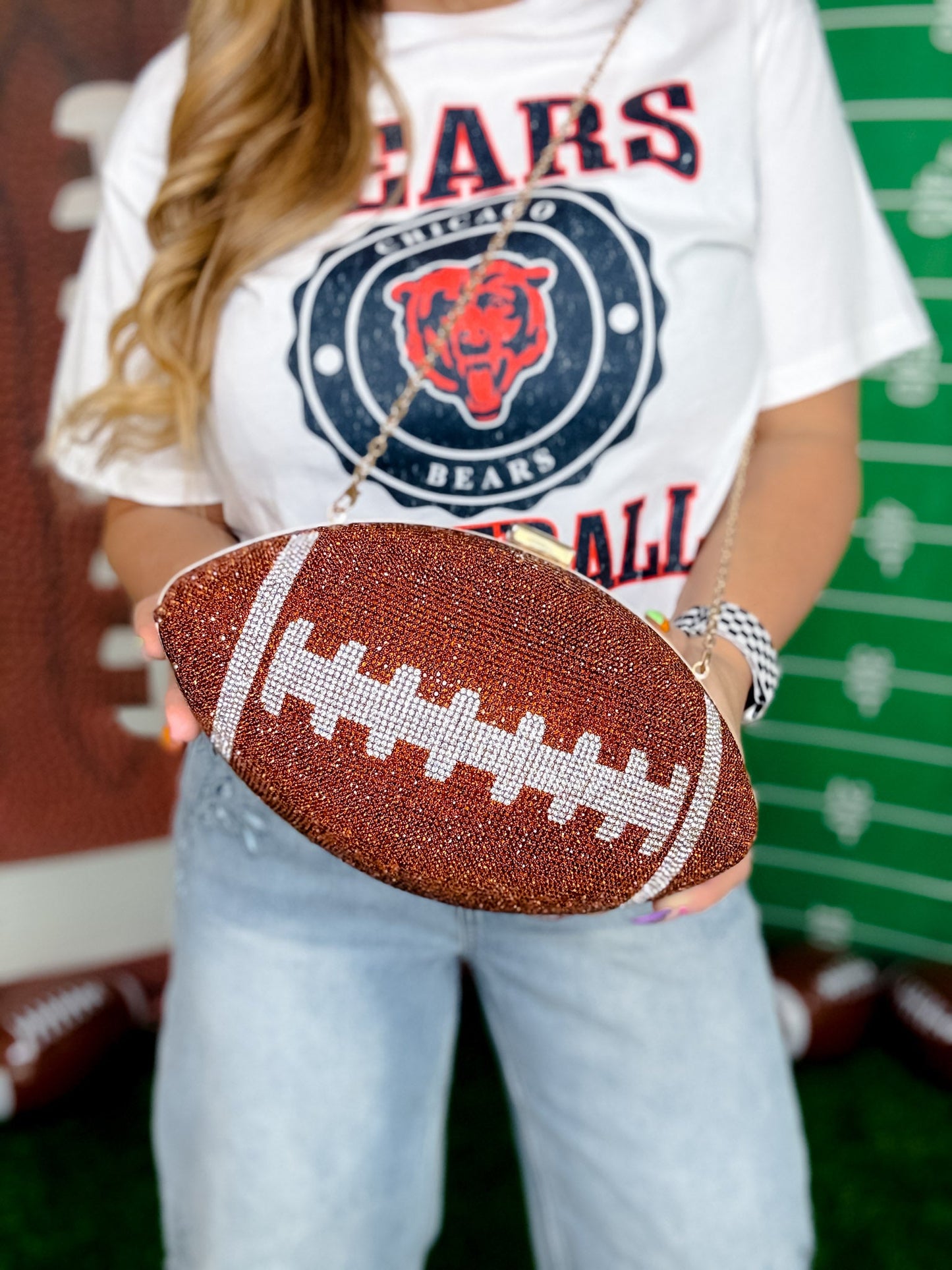 Rhinestone Football Clutch Purse W/ Chain - Whiskey Skies - GIRLY