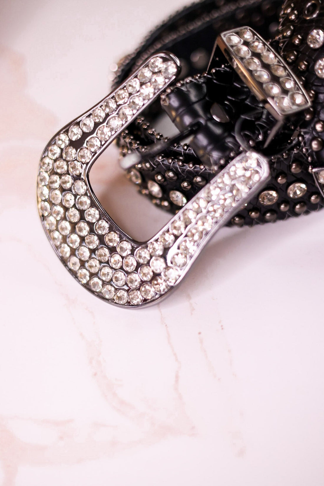 Rhinestone Skull Studded Black Leather Belt - Whiskey Skies - KAMBERLEY GROUP INC