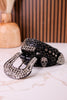 Rhinestone Skull Studded Black Leather Belt - Whiskey Skies - KAMBERLEY GROUP INC