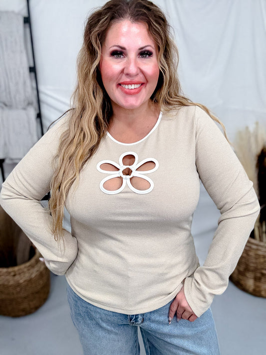 Ribbed Jersey Top With Flower Cutout In Sand - Whiskey Skies - ODDI