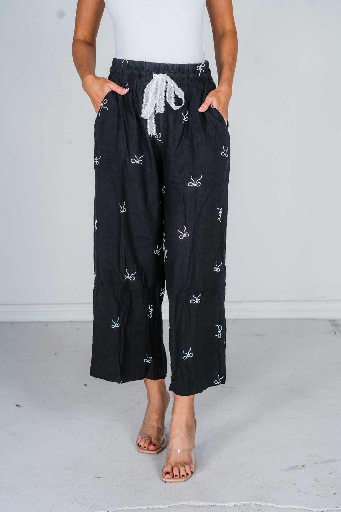 Ribbon Embroidery Pull On Cropped Pants - Whiskey Skies - UMGEE