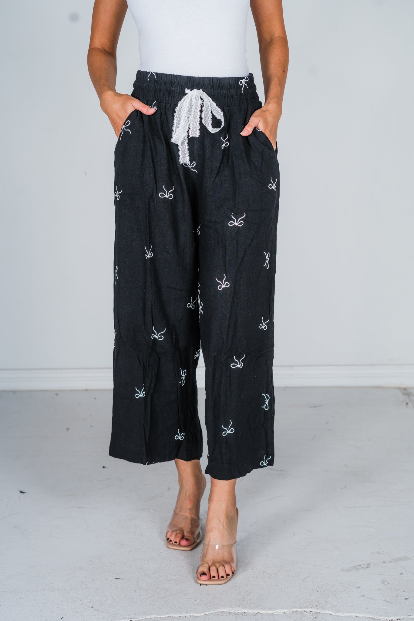 Ribbon Embroidery Pull On Cropped Pants - Whiskey Skies - UMGEE