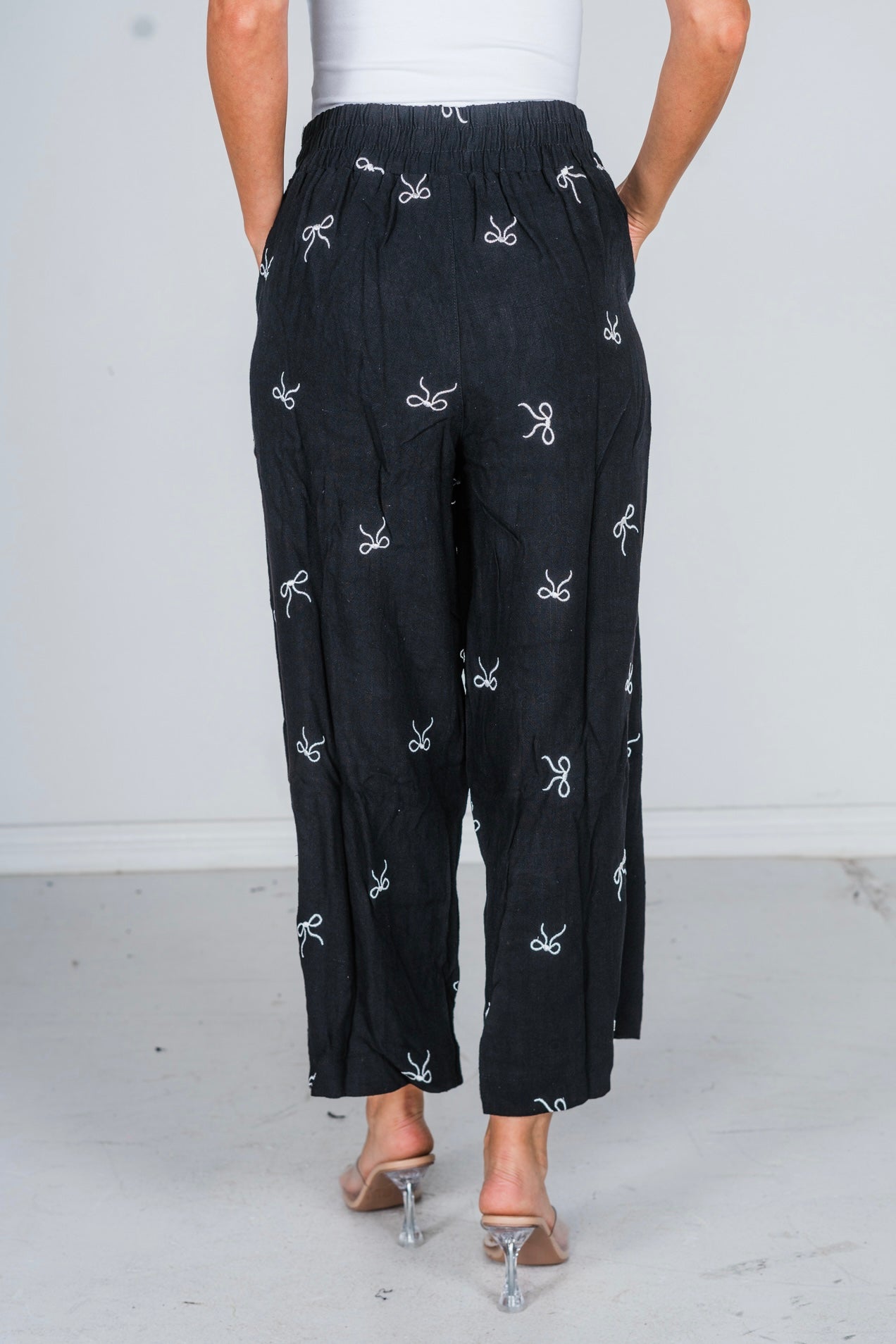 Ribbon Embroidery Pull On Cropped Pants - Whiskey Skies - UMGEE