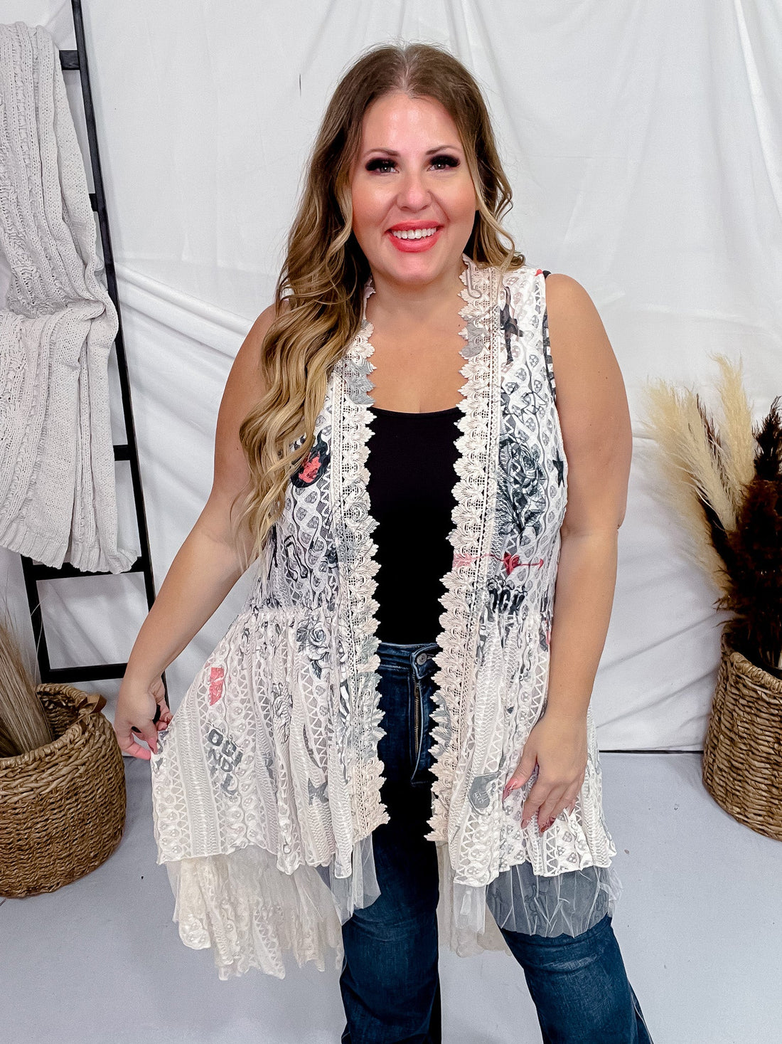 Rock n Roll Lace High Low Vest - Whiskey Skies - ORIGAMI APPAREL