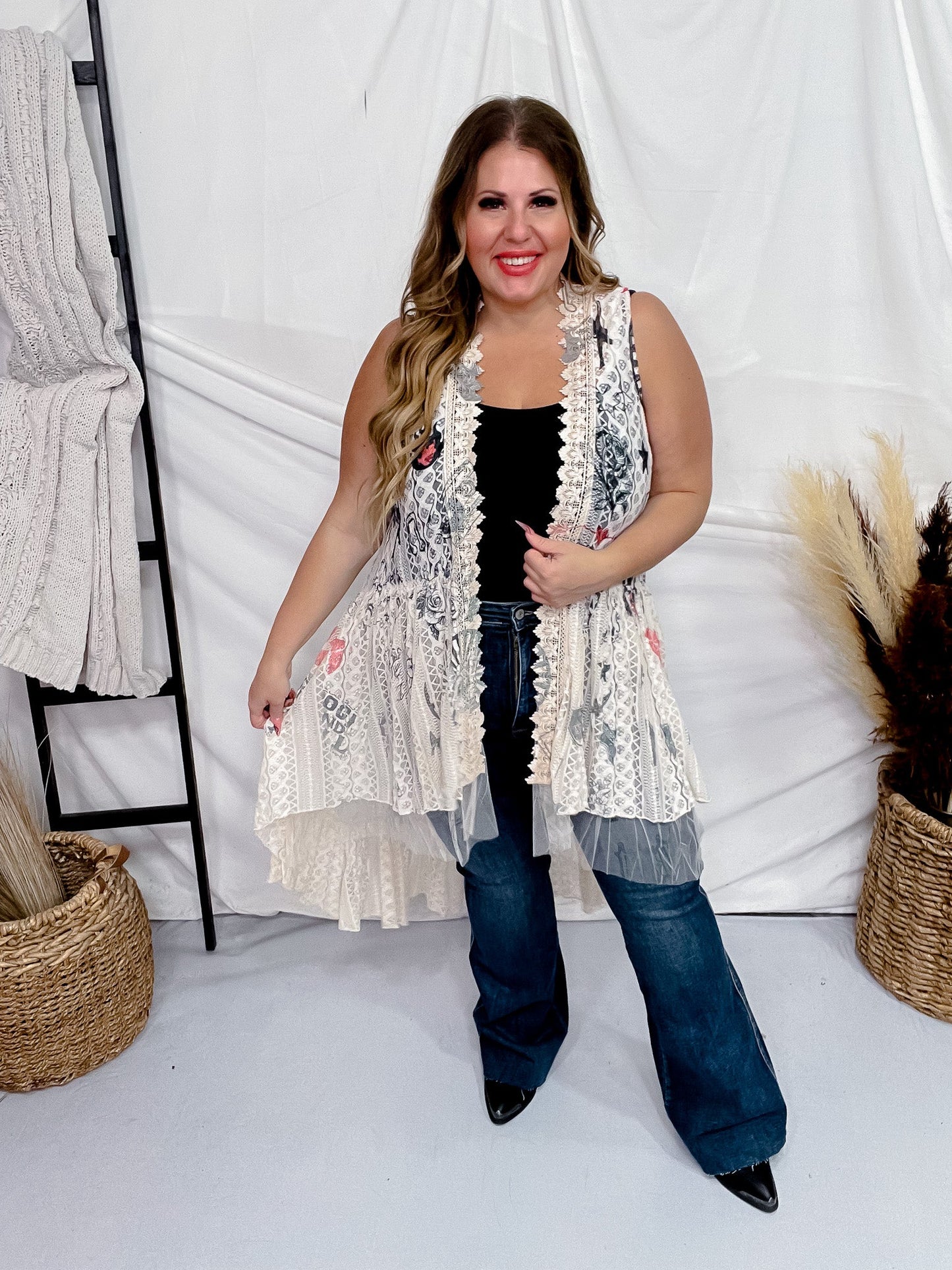 Rock n Roll Lace High Low Vest - Whiskey Skies - ORIGAMI APPAREL