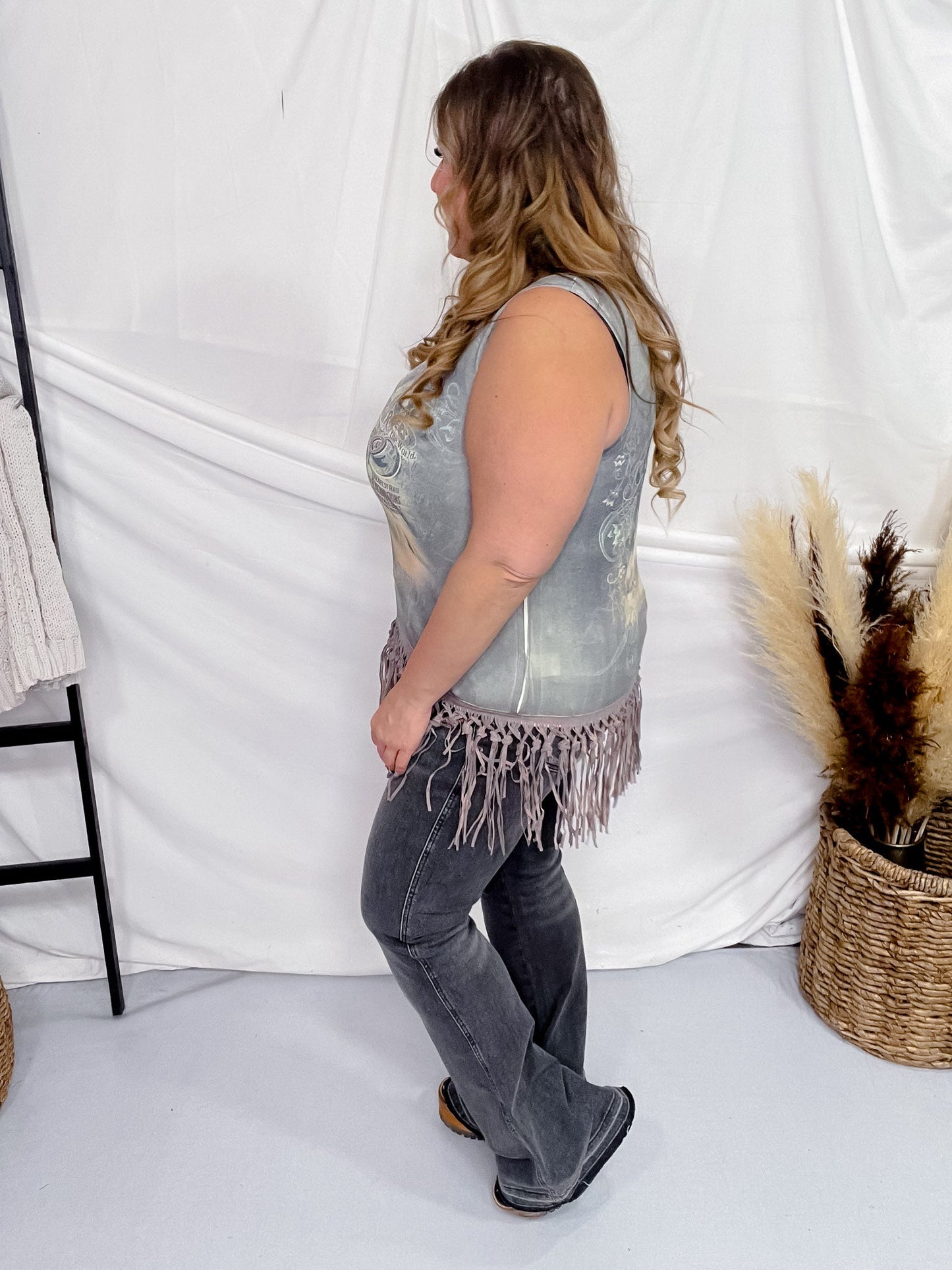 Rodeo Print Fringed Tank Top - Whiskey Skies - ORIGAMI APPAREL