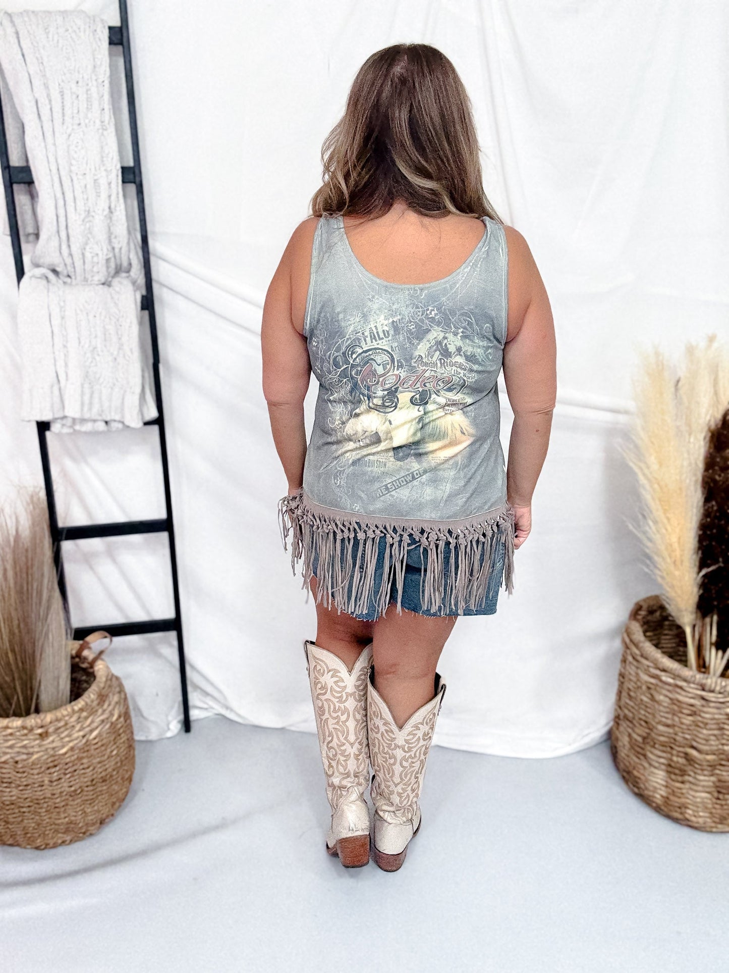 Rodeo Print Fringed Tank Top - Whiskey Skies - ORIGAMI APPAREL