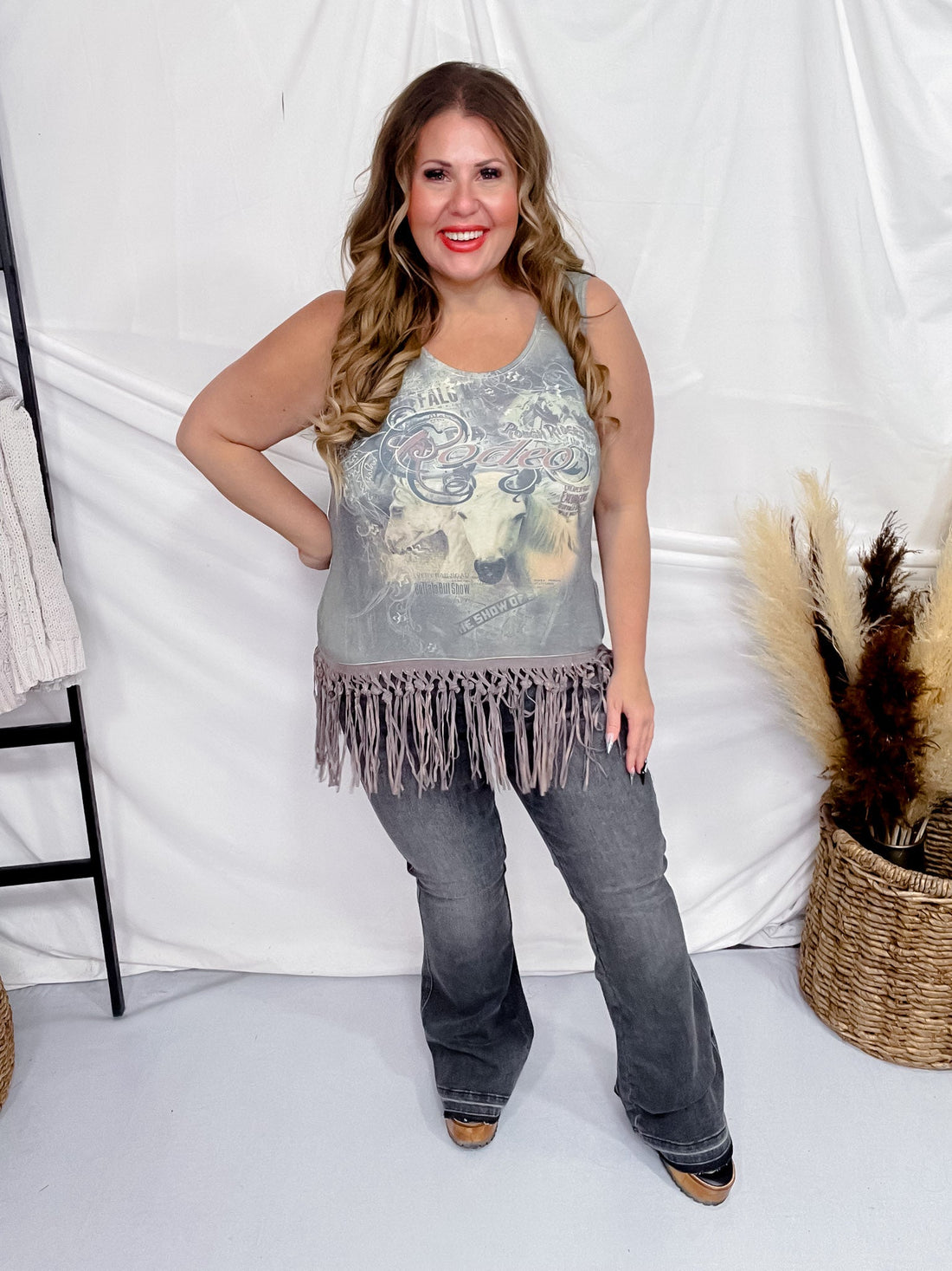 Rodeo Print Fringed Tank Top - Whiskey Skies - ORIGAMI APPAREL