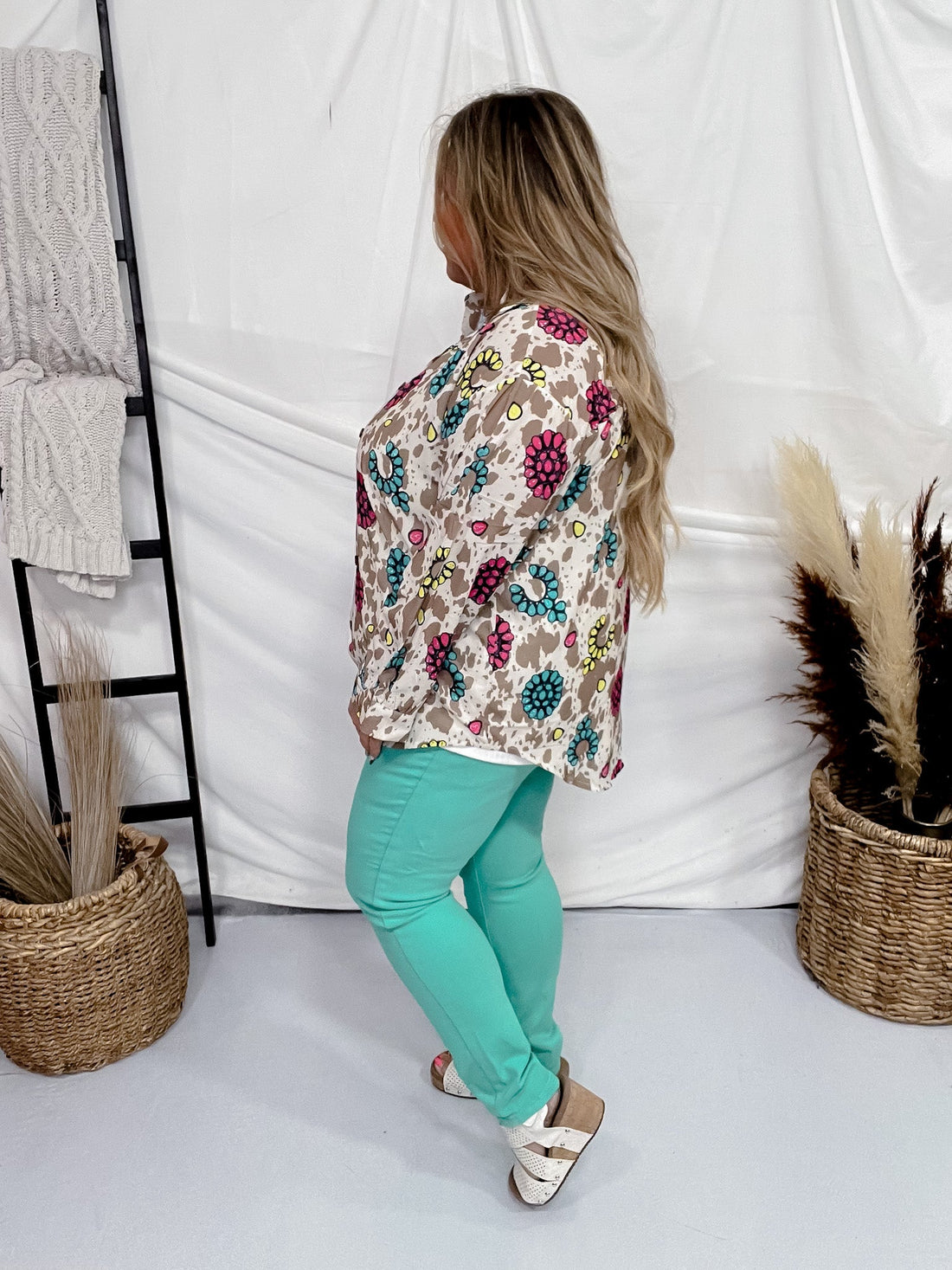 Rodeo Queen Cow Print Blouse - Whiskey Skies - SOUTHERN GRACE