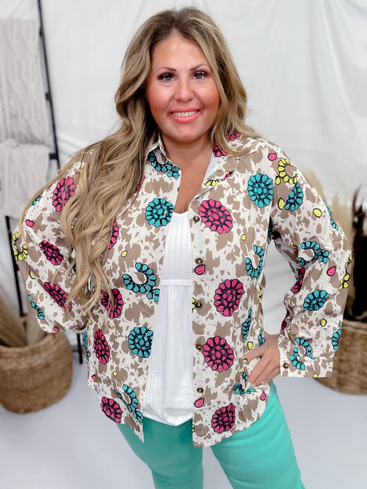 Rodeo Queen Cow Print Blouse - Whiskey Skies - SOUTHERN GRACE