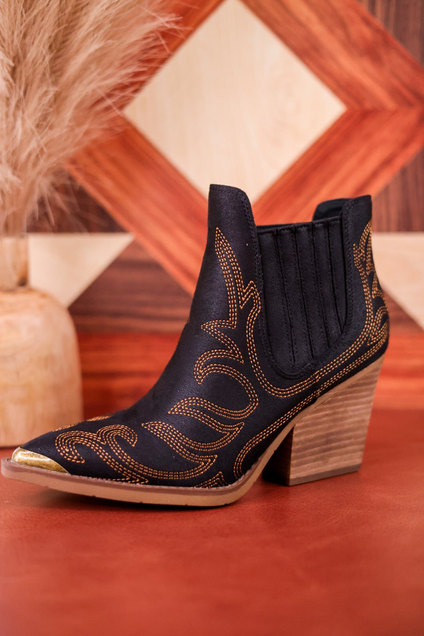 Roma Black Ankle Booties with Bronze Stitching - Whiskey Skies - VERY G