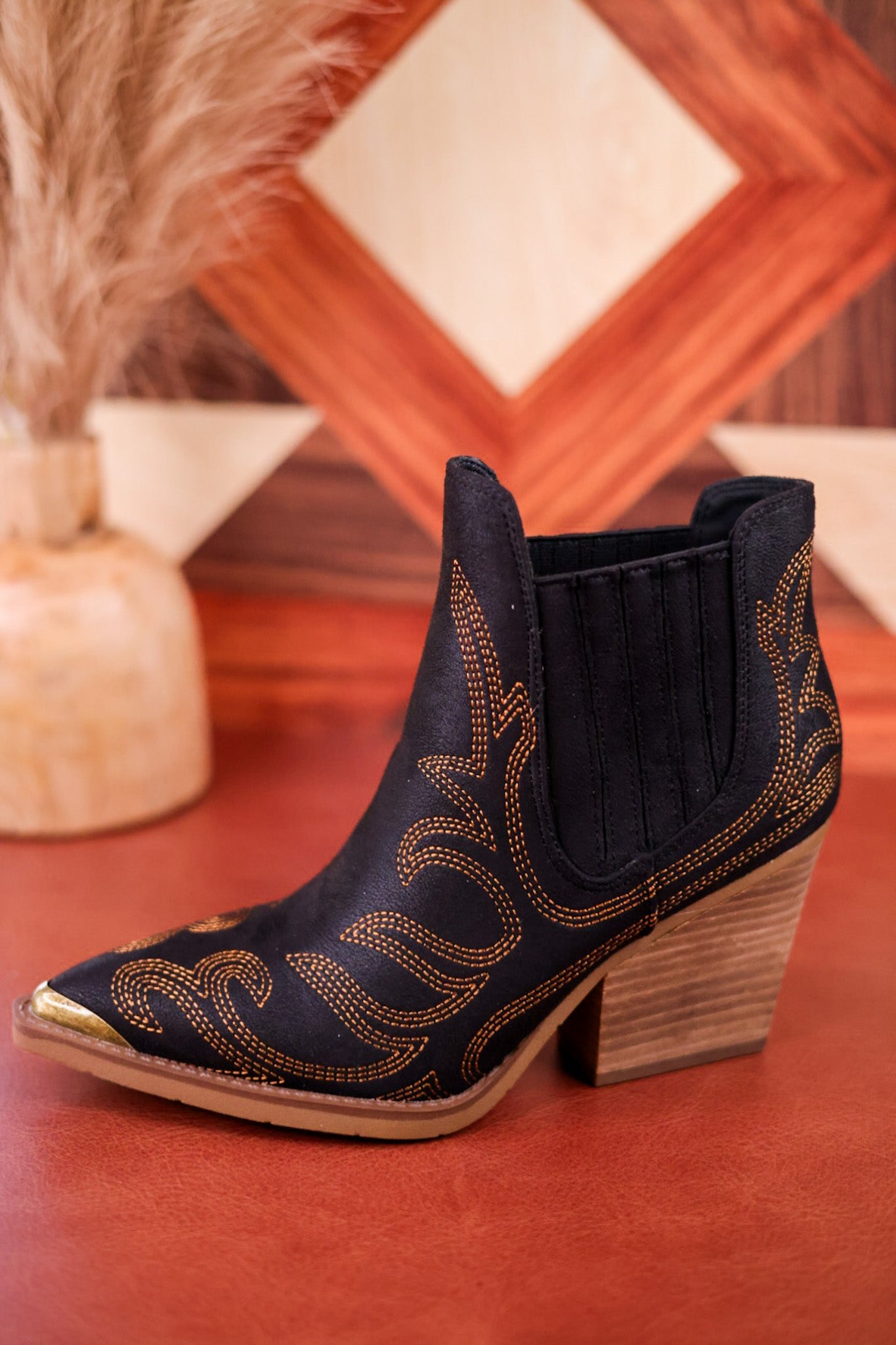 Roma Black Ankle Booties with Bronze Stitching - Whiskey Skies - VERY G