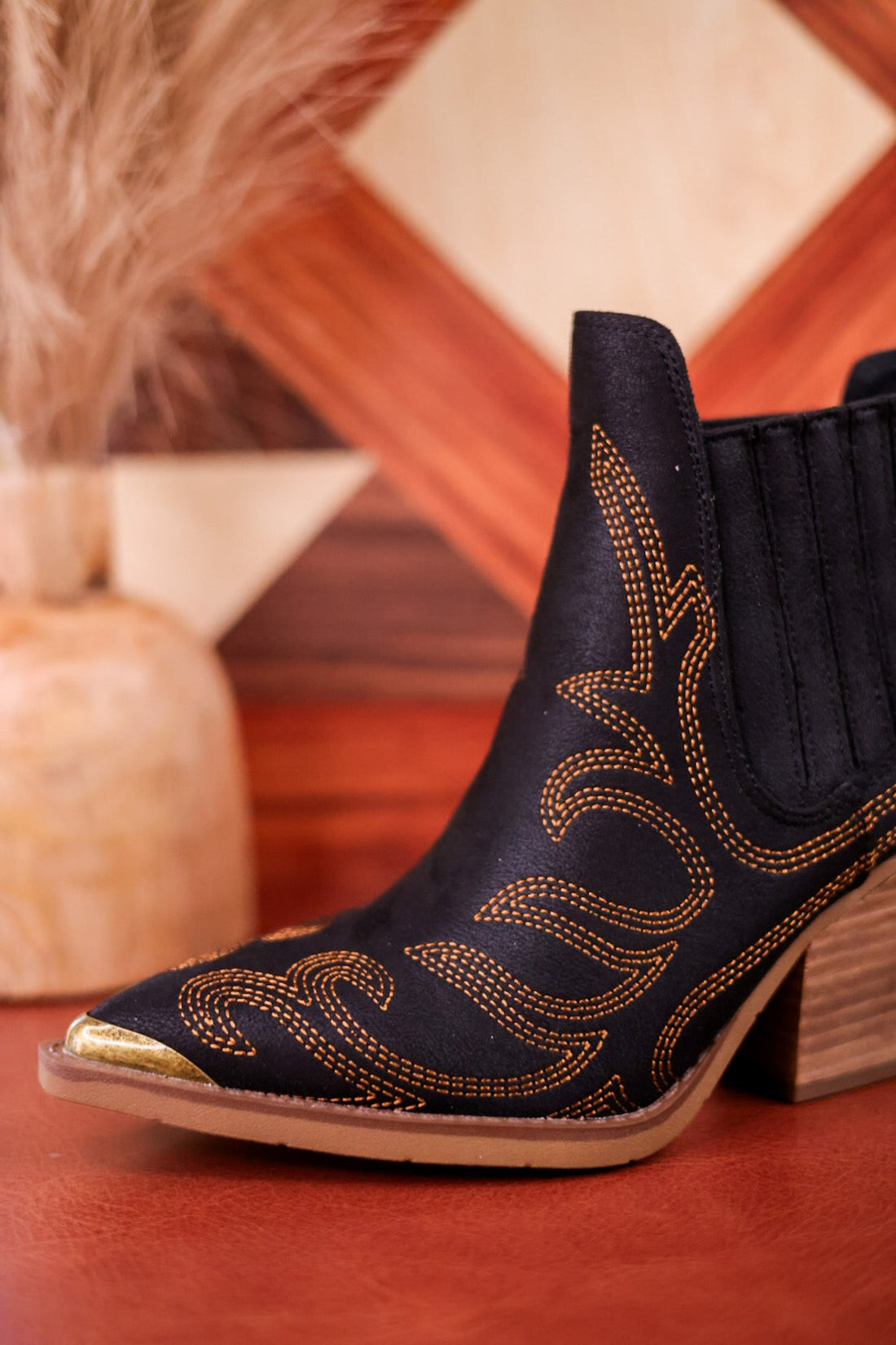 Roma Black Ankle Booties with Bronze Stitching - Whiskey Skies - VERY G