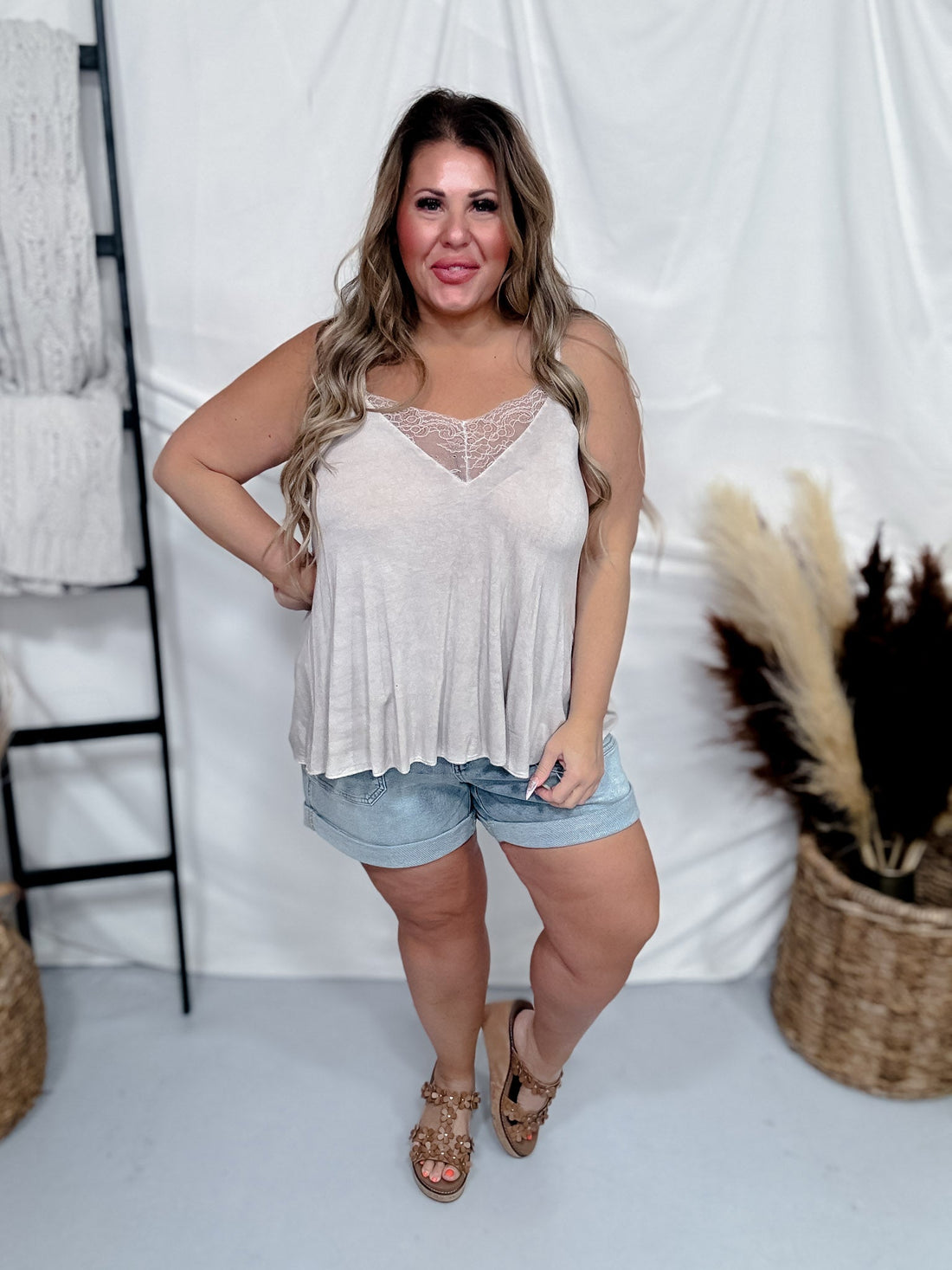 Romantic Taupe V - Neck Camisole Tank Top W/ Lace Detail - Whiskey Skies - POL CLOTHING INC.