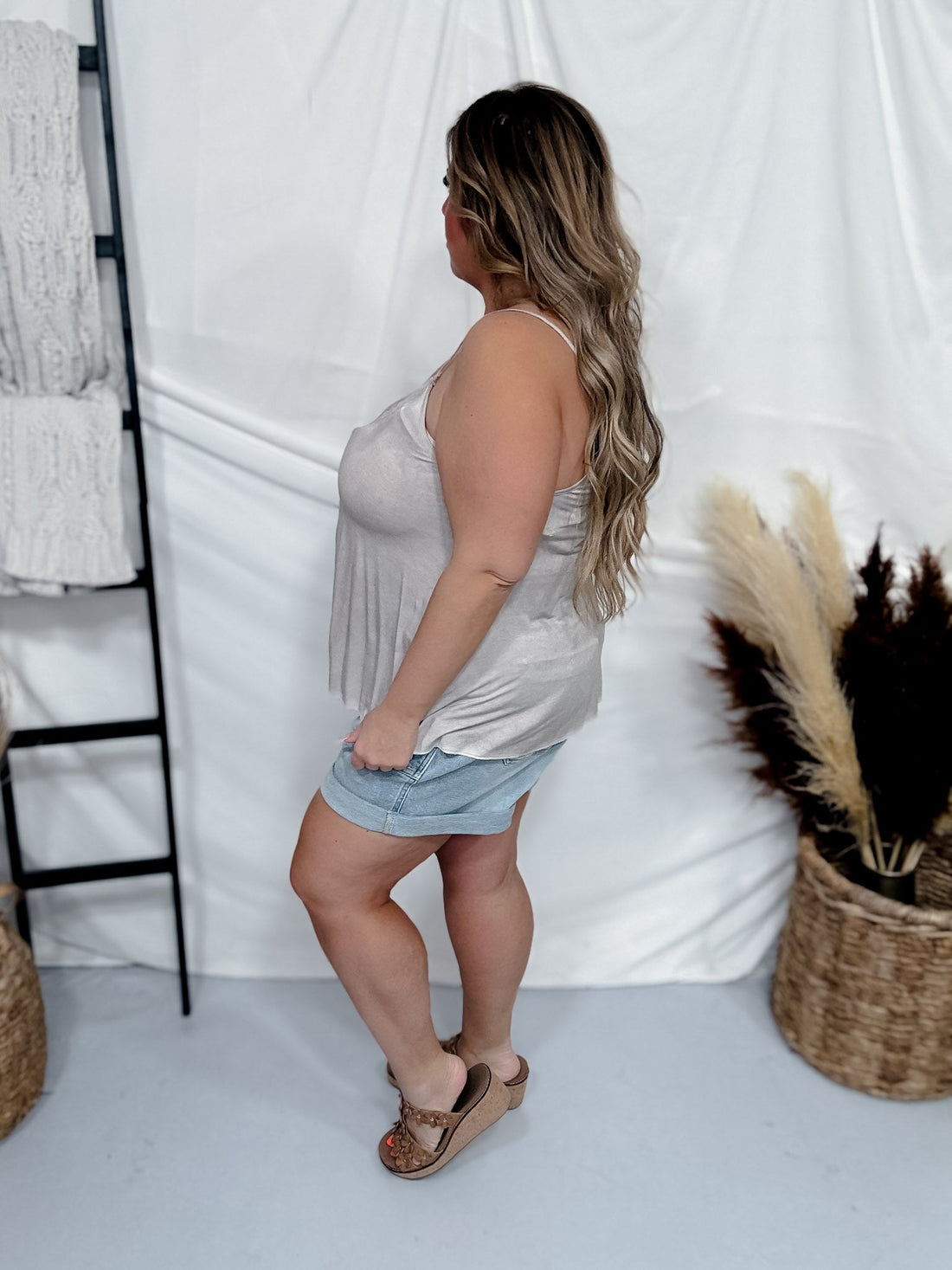 Romantic Taupe V - Neck Camisole Tank Top W/ Lace Detail - Whiskey Skies - POL CLOTHING INC.