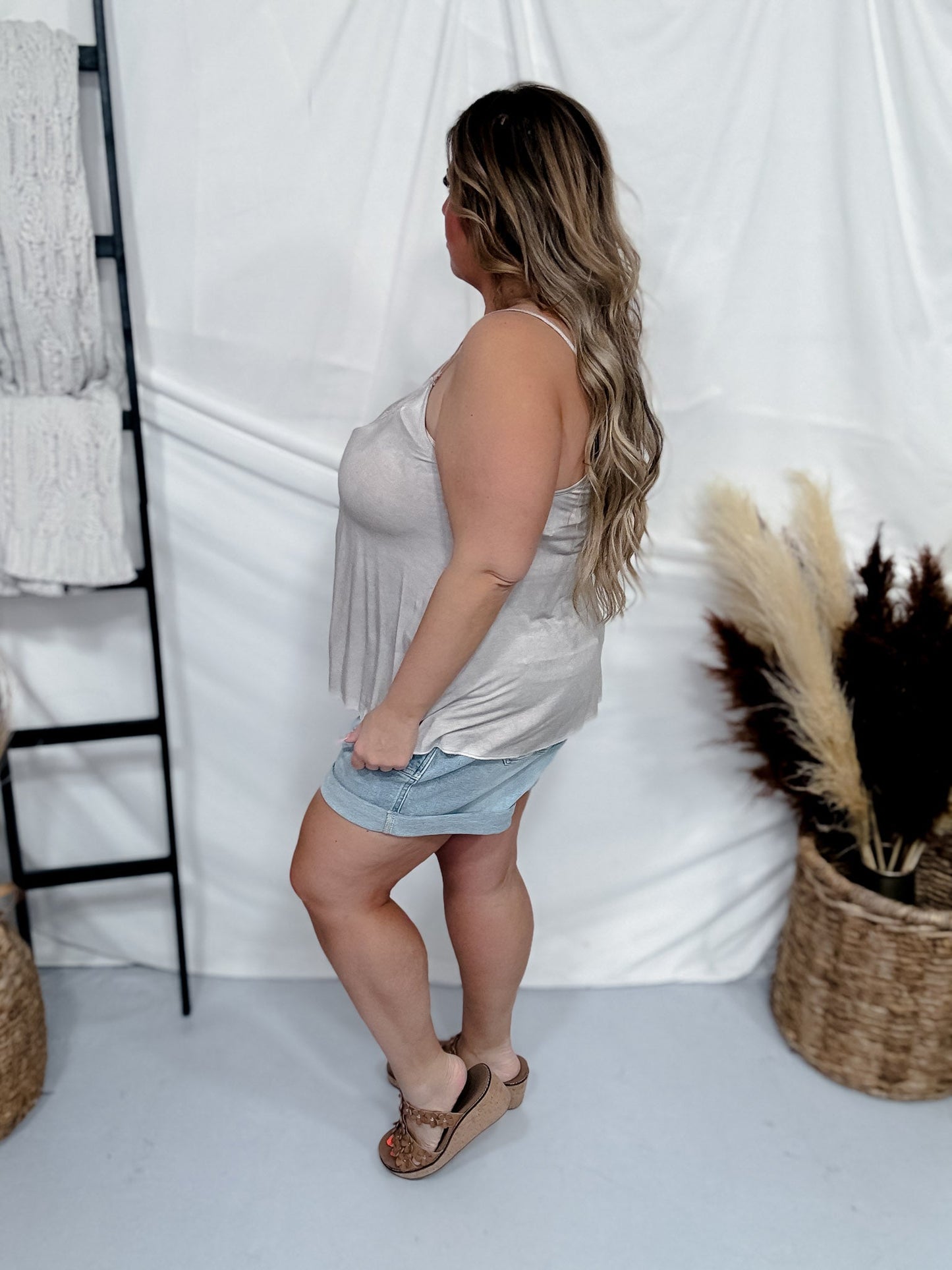 Romantic Taupe V - Neck Camisole Tank Top W/ Lace Detail - Whiskey Skies - POL CLOTHING INC.
