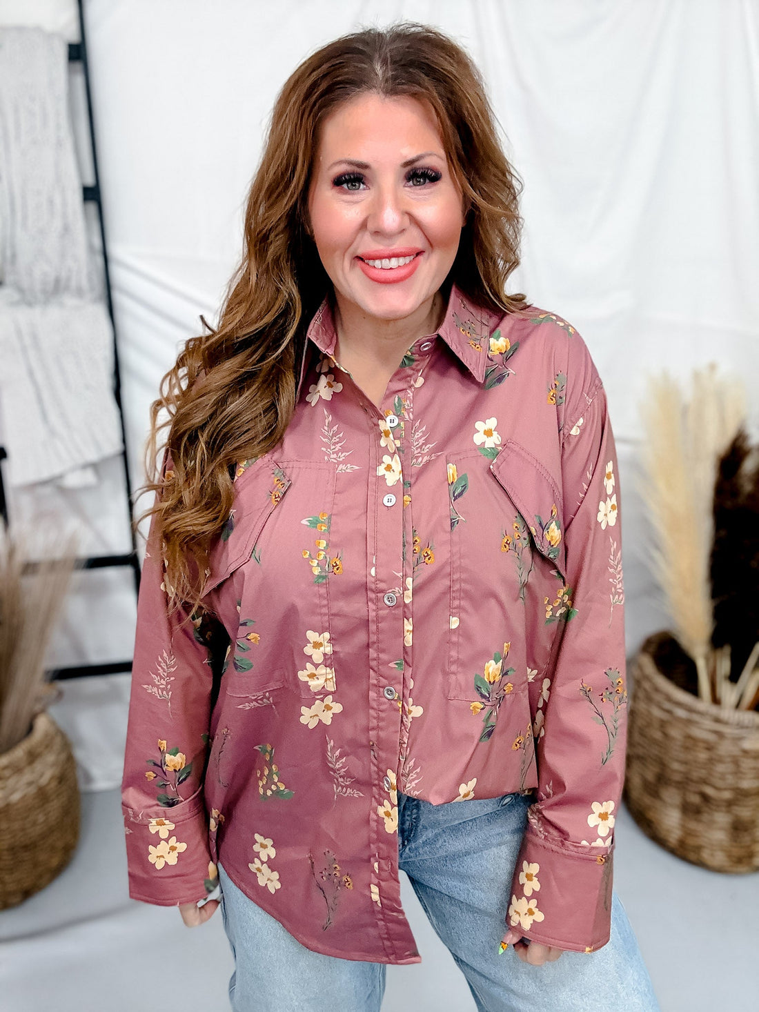 Rose Brown Floral Print Button Front Utility Shirt - Whiskey Skies - HEIMISH