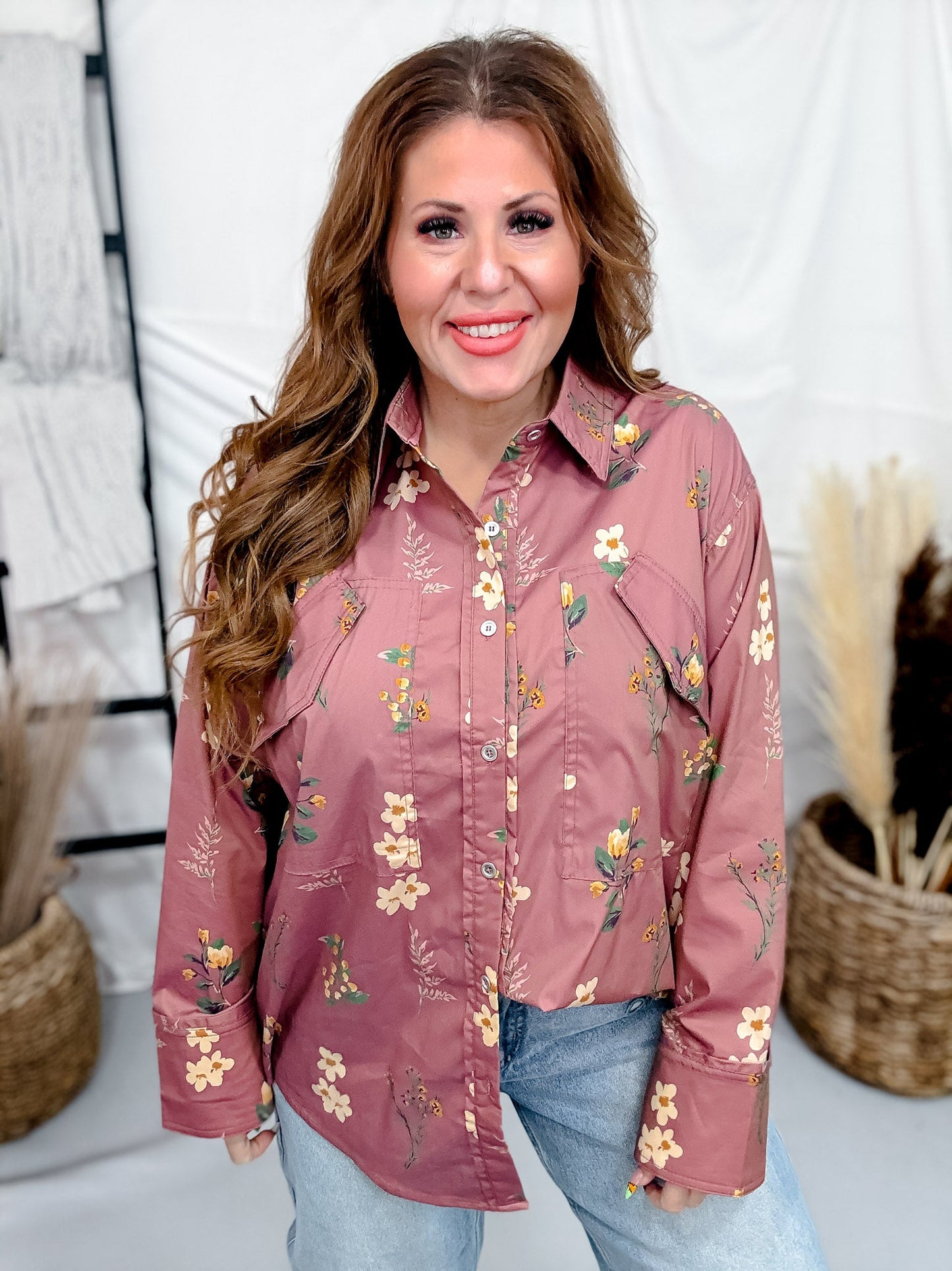 Rose Brown Floral Print Button Front Utility Shirt - Whiskey Skies - HEIMISH