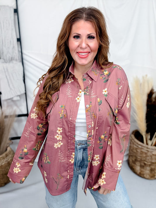 Rose Brown Floral Print Button Front Utility Shirt - Whiskey Skies - HEIMISH