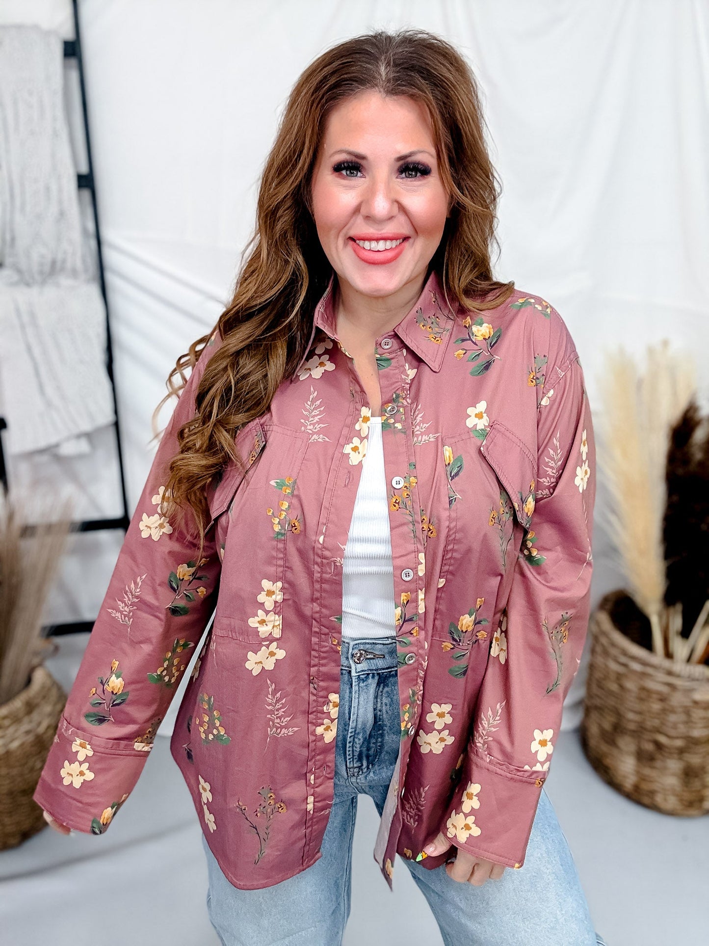 Rose Brown Floral Print Button Front Utility Shirt - Whiskey Skies - HEIMISH