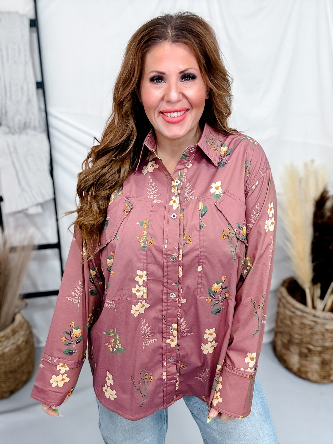 Rose Brown Floral Print Button Front Utility Shirt - Whiskey Skies - HEIMISH