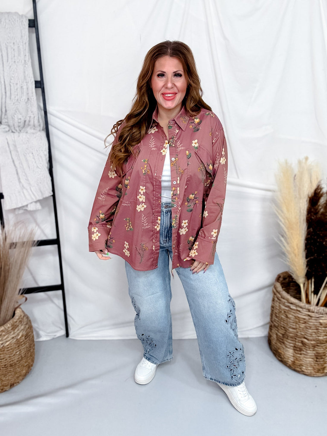 Rose Brown Floral Print Button Front Utility Shirt - Whiskey Skies - HEIMISH