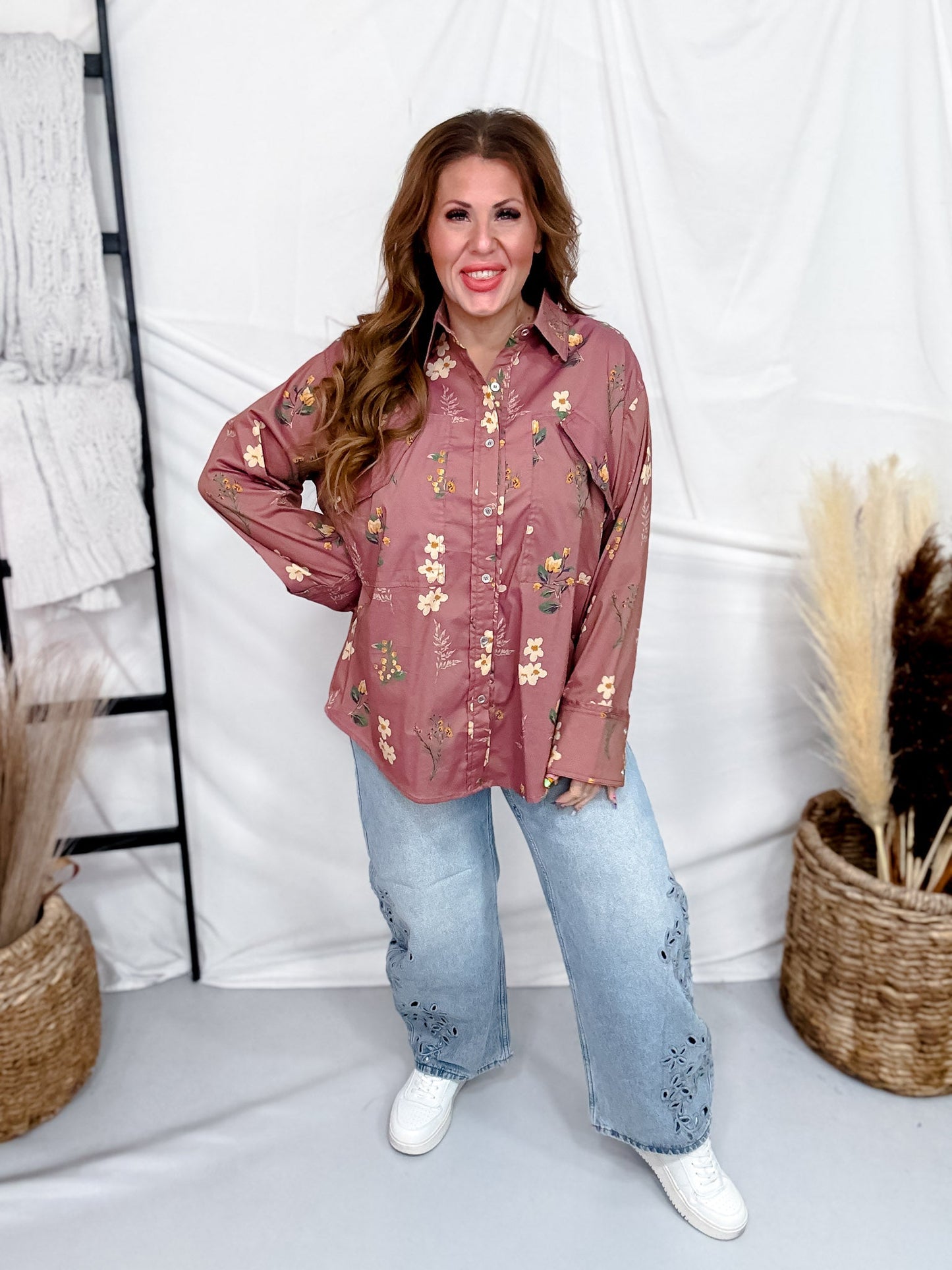 Rose Brown Floral Print Button Front Utility Shirt - Whiskey Skies - HEIMISH