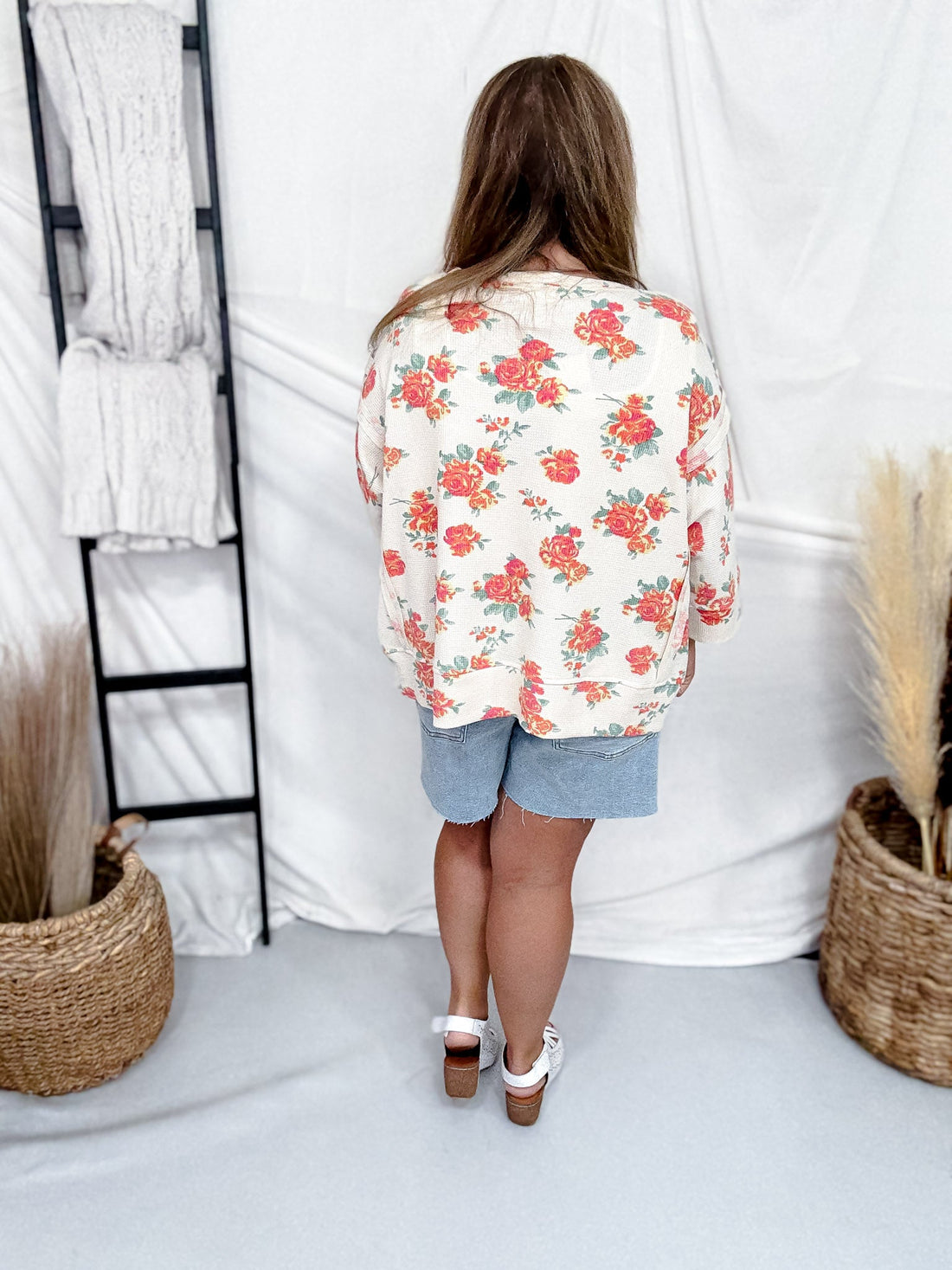 Rose Print Waffle Knit Short Sleeve Top With Side Slits - Whiskey Skies - BIBI