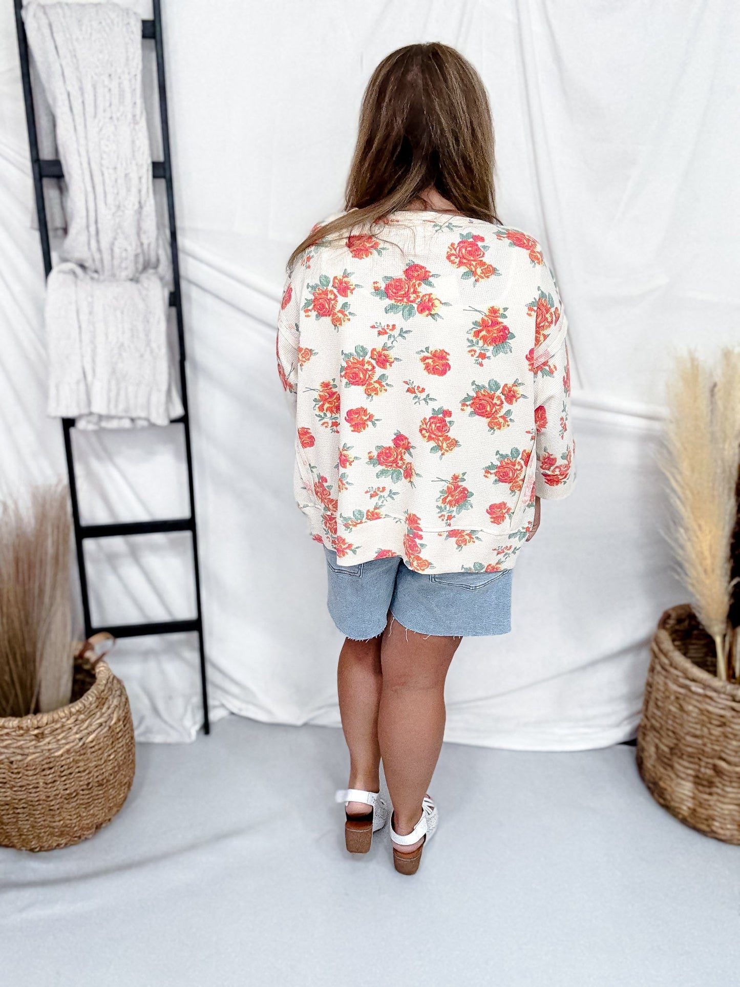 Rose Print Waffle Knit Short Sleeve Top With Side Slits - Whiskey Skies - BIBI