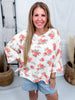 Rose Print Waffle Knit Short Sleeve Top With Side Slits - Whiskey Skies - BIBI