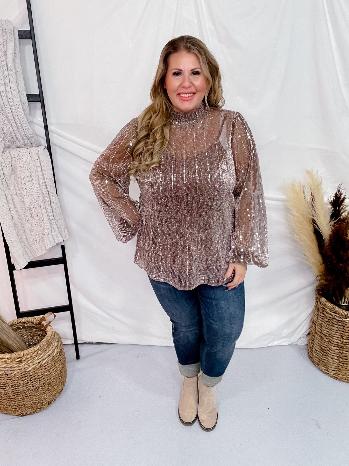 Rose Silver Sparkly Sequin Mesh Long Sleeve Blouse - Whiskey Skies - ODDI