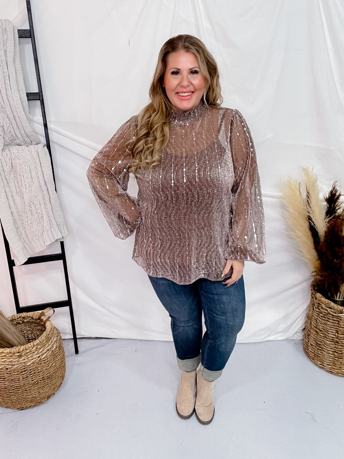 Rose Silver Sparkly Sequin Mesh Long Sleeve Blouse - Whiskey Skies - ODDI