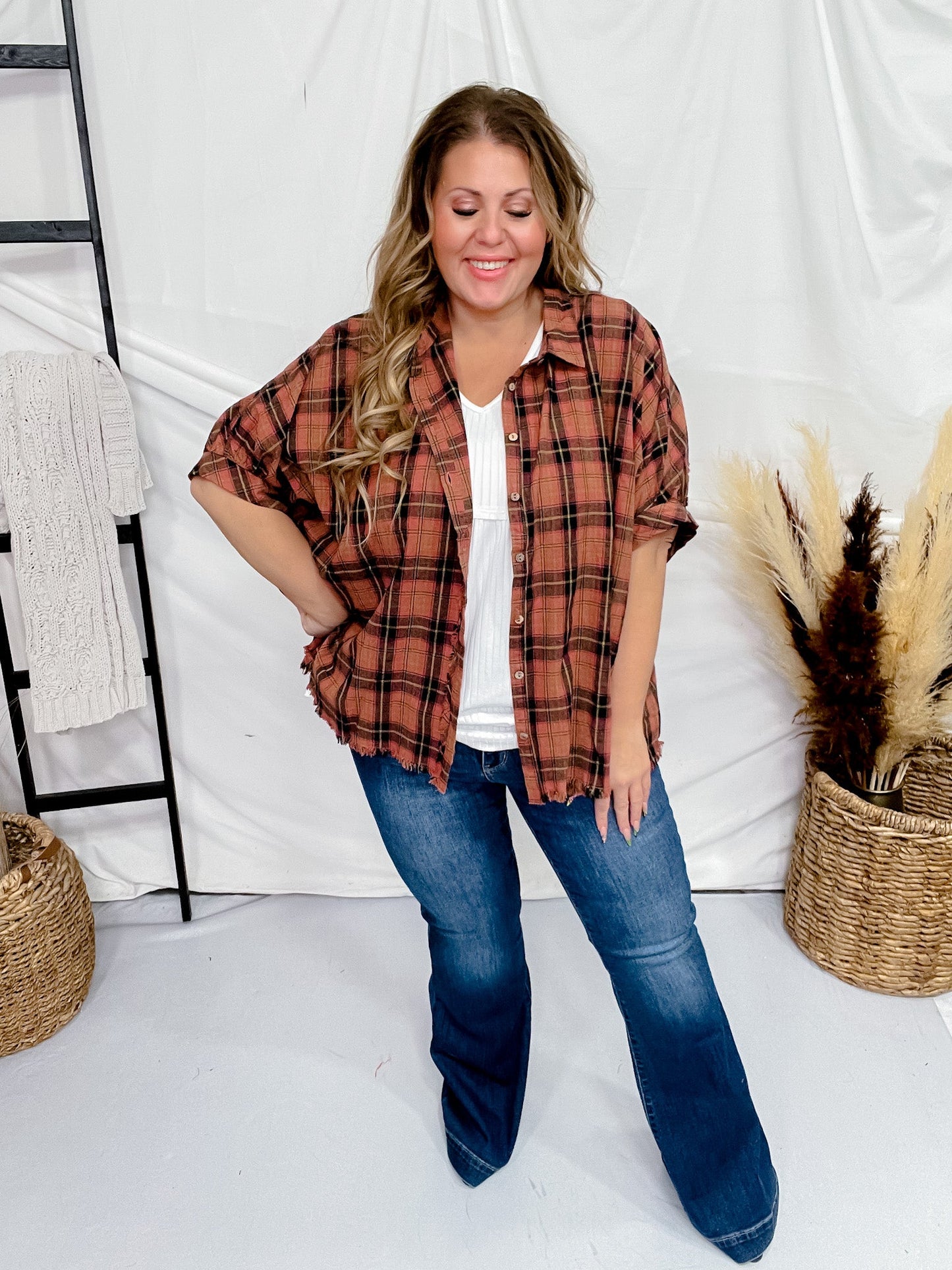 Rosewood Plaid Button Down Short Sleeve Top - Whiskey Skies - UMGEE