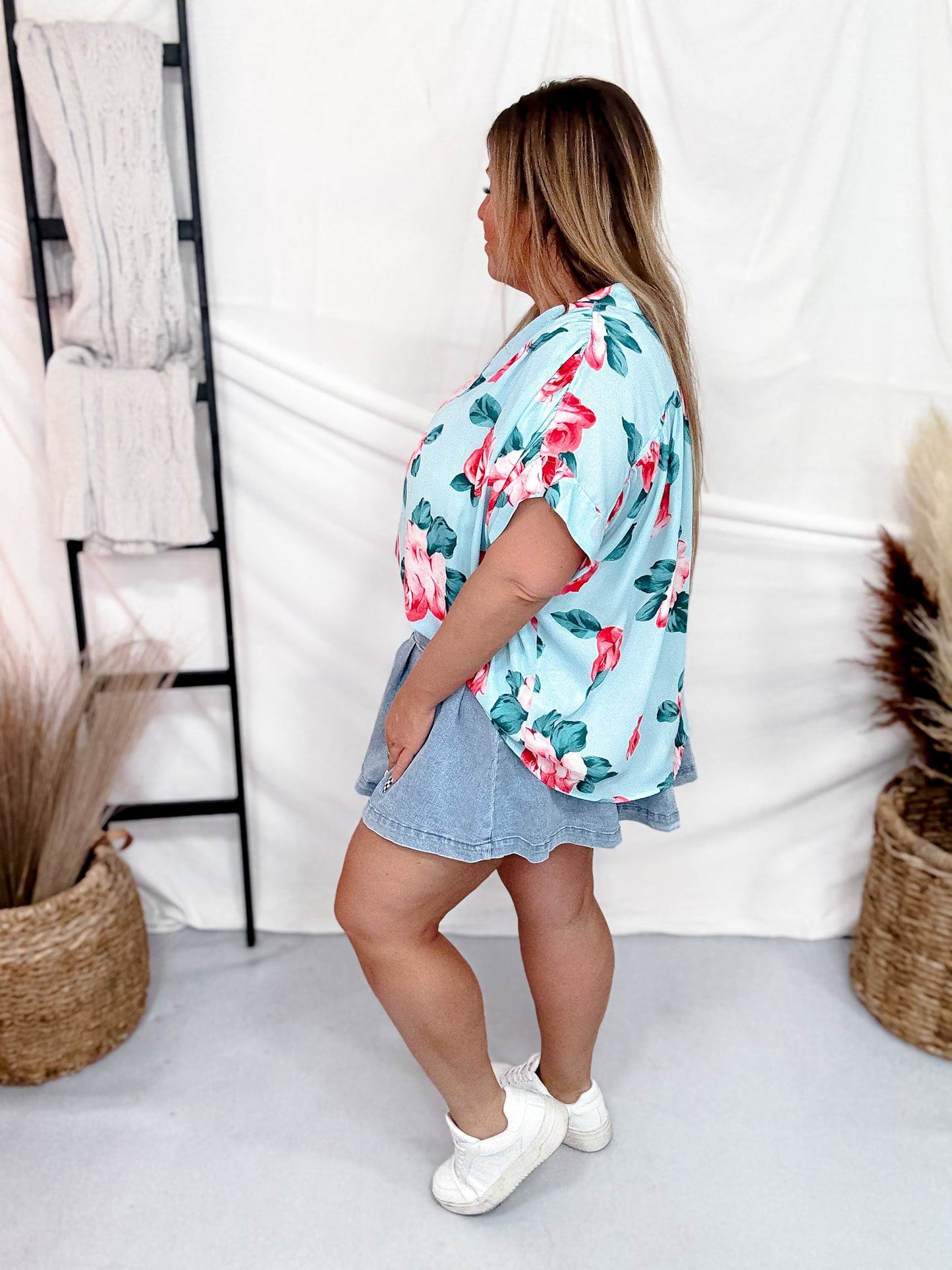 Rosey Posey Shirred Sleeve Top - Whiskey Skies - ADRIENNE