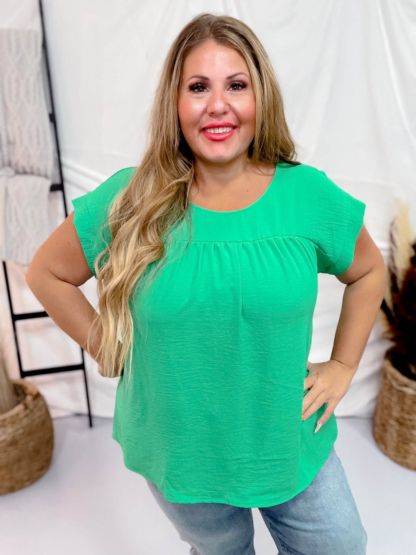 Round Neck Babydoll Top with Banded Sleeves in Kelly Green - Whiskey Skies - ANDREE BY UNIT