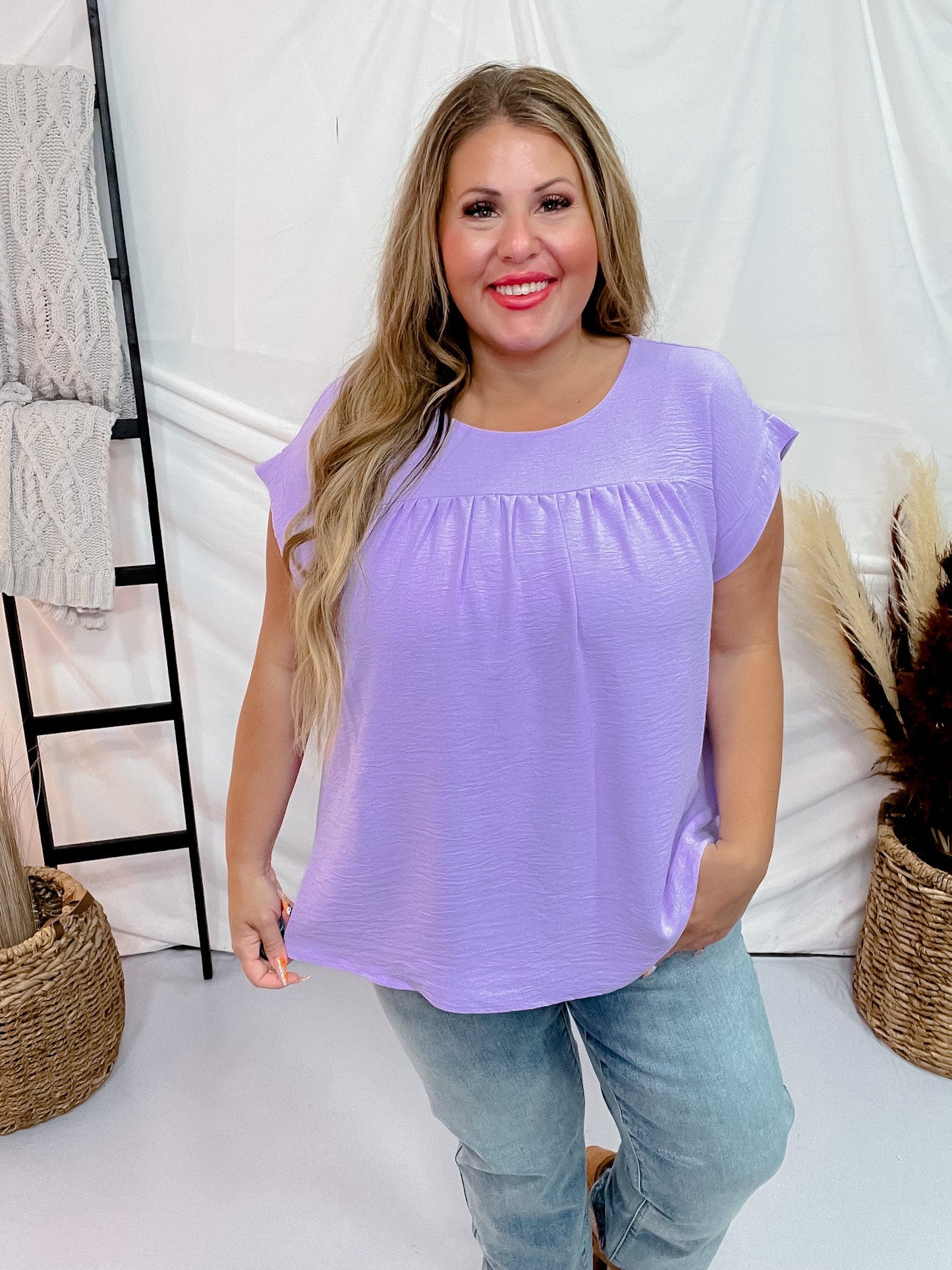 Round Neck Babydoll Top with Banded Sleeves in Lavender - Whiskey Skies - ANDREE BY UNIT