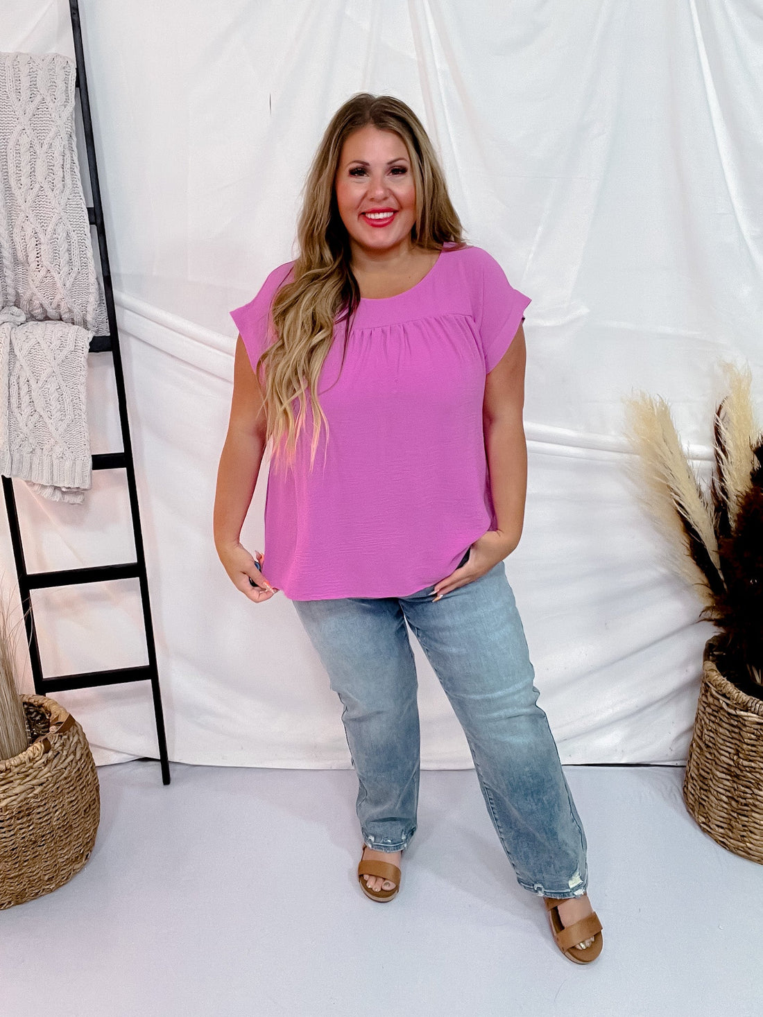 Round Neck Babydoll Top with Banded Sleeves in Magenta - Whiskey Skies - ANDREE BY UNIT