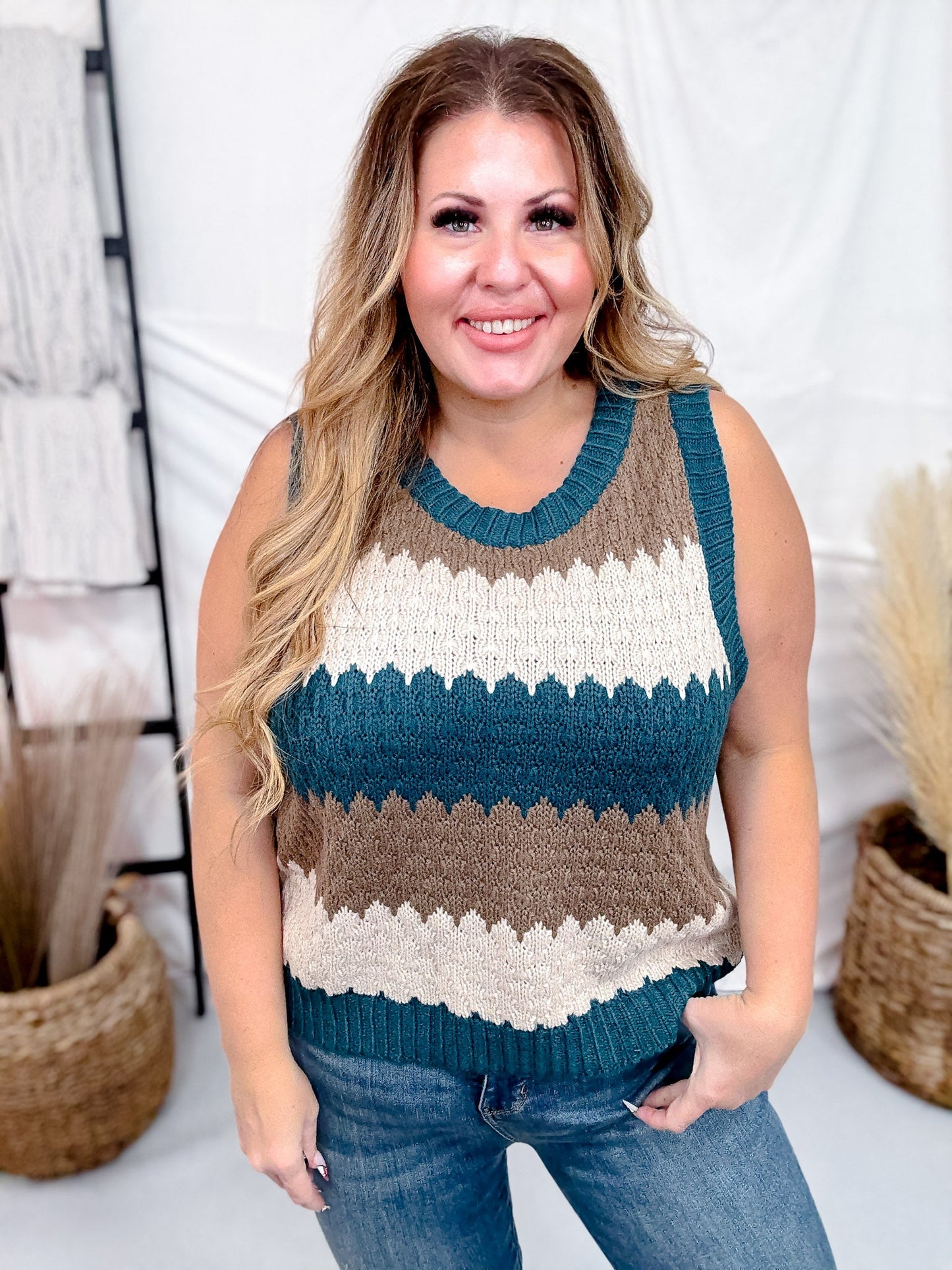 Round Neck Multicolor Striped Sweater Vest - Whiskey Skies - COZY CO