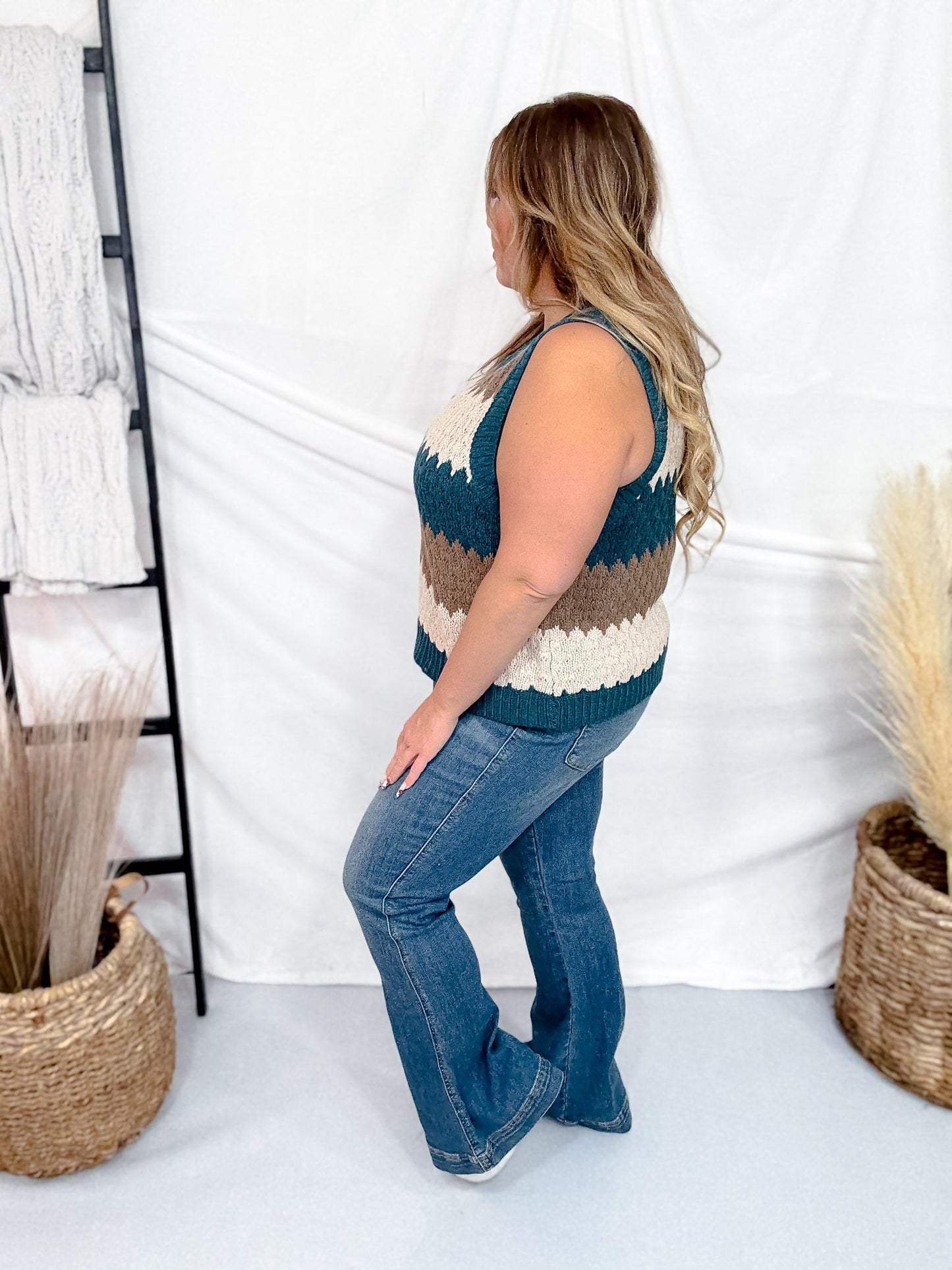 Round Neck Multicolor Striped Sweater Vest - Whiskey Skies - COZY CO