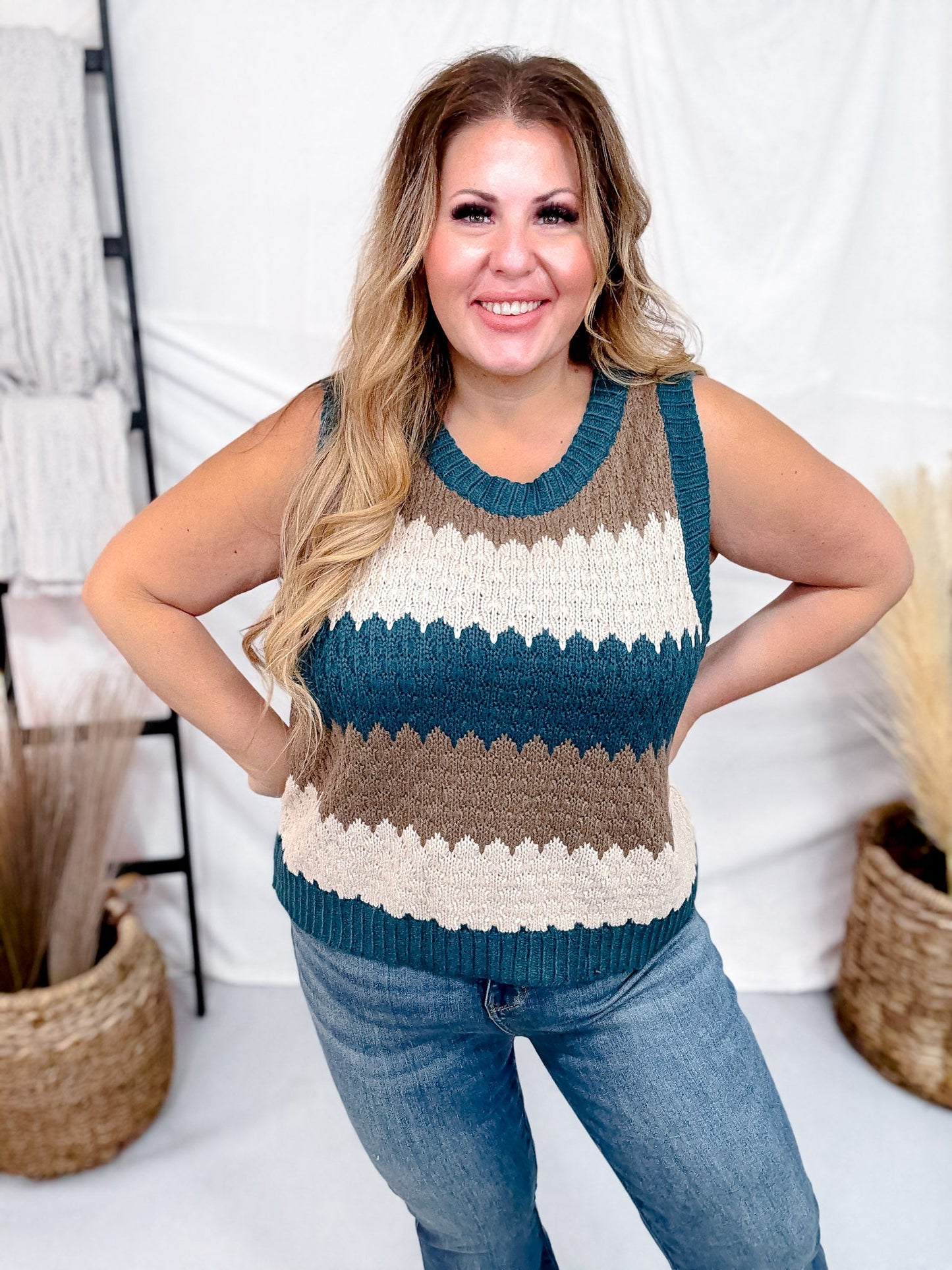 Round Neck Multicolor Striped Sweater Vest - Whiskey Skies - COZY CO