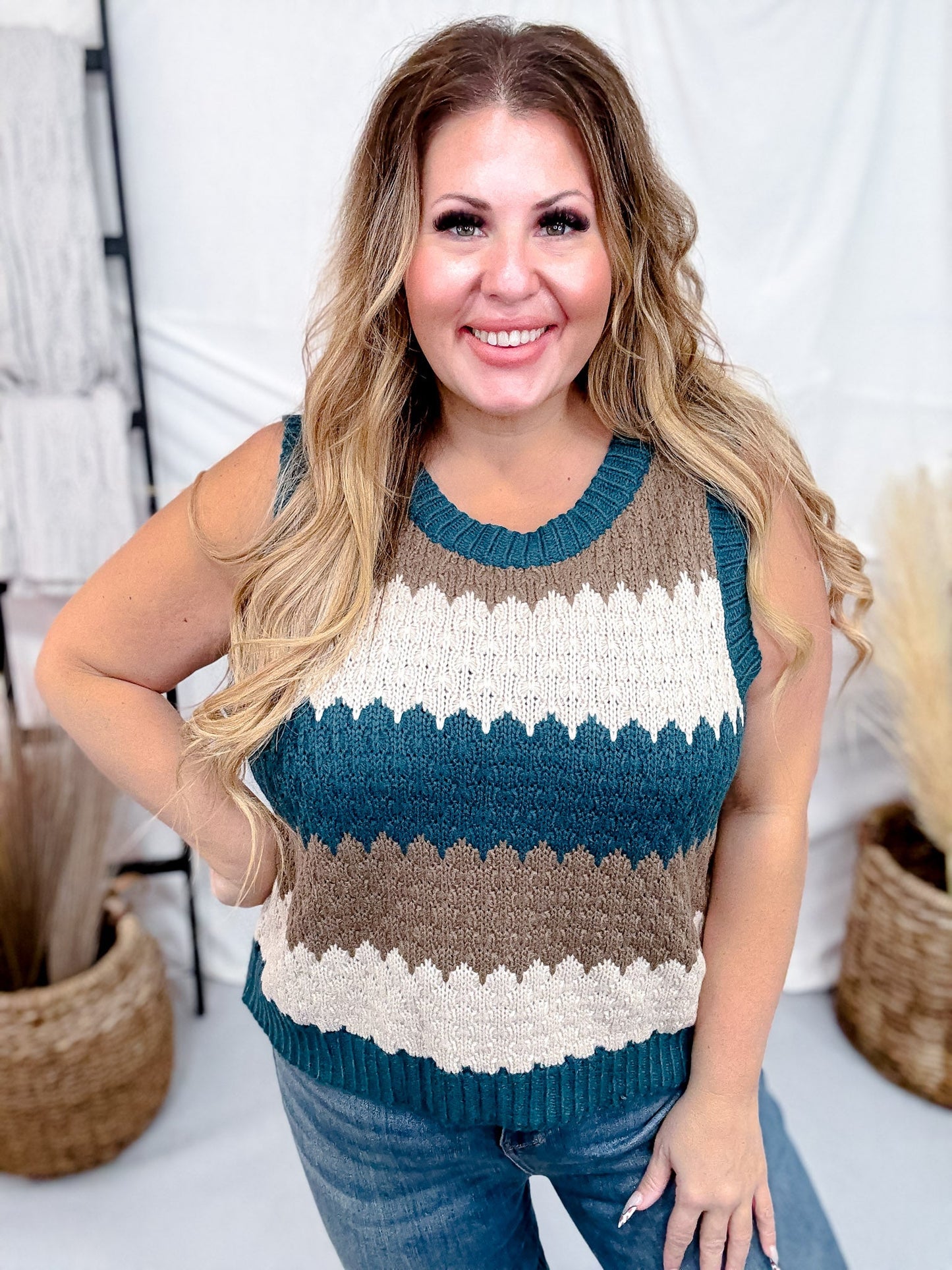 Round Neck Multicolor Striped Sweater Vest - Whiskey Skies - COZY CO