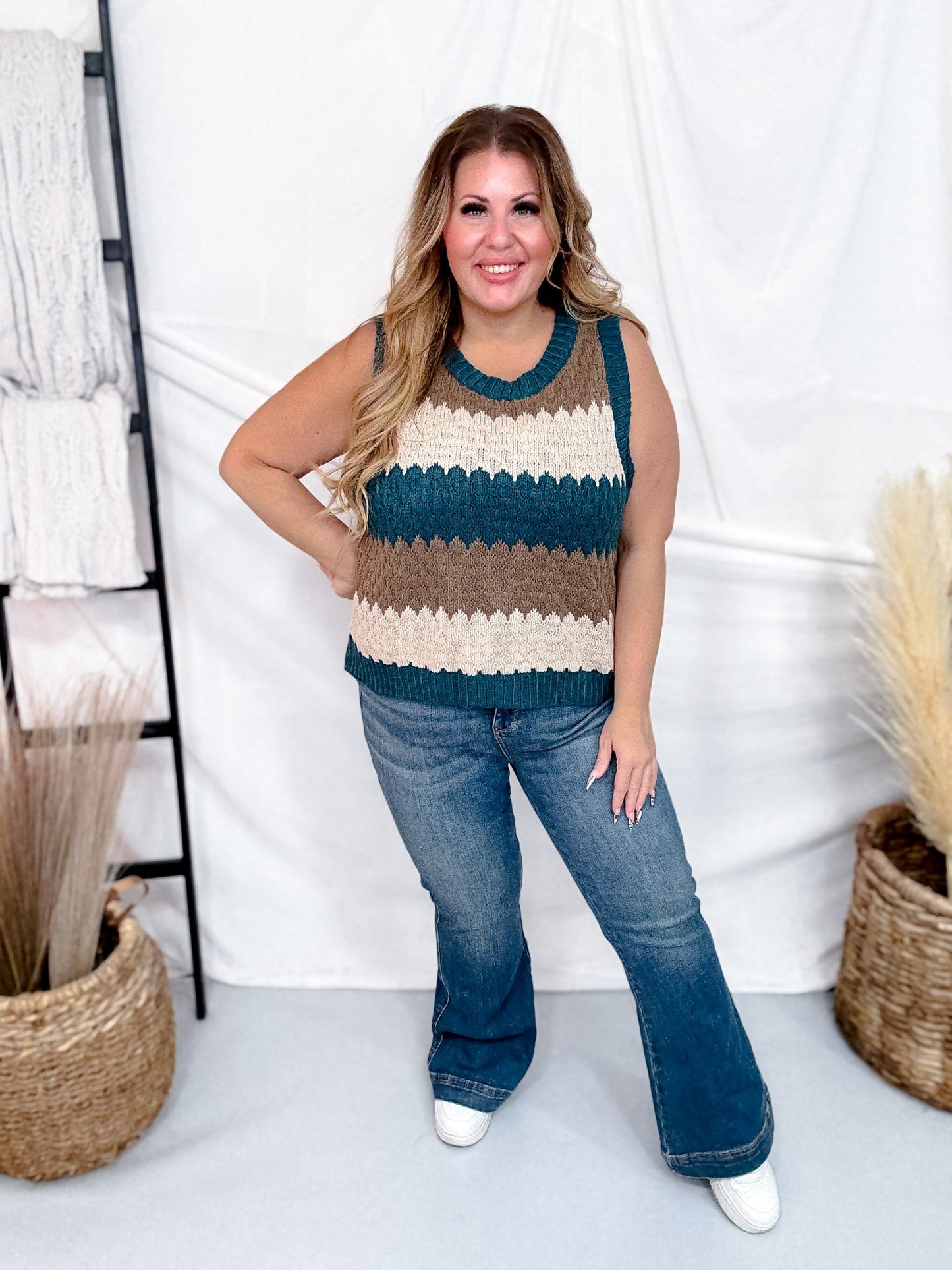 Round Neck Multicolor Striped Sweater Vest - Whiskey Skies - COZY CO