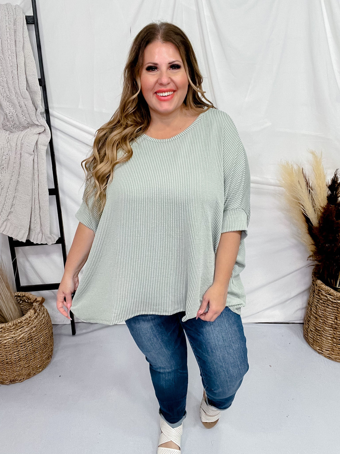 Round Neck Ribbed Tunic Top in Sage Green - Whiskey Skies - ANDREE BY UNIT