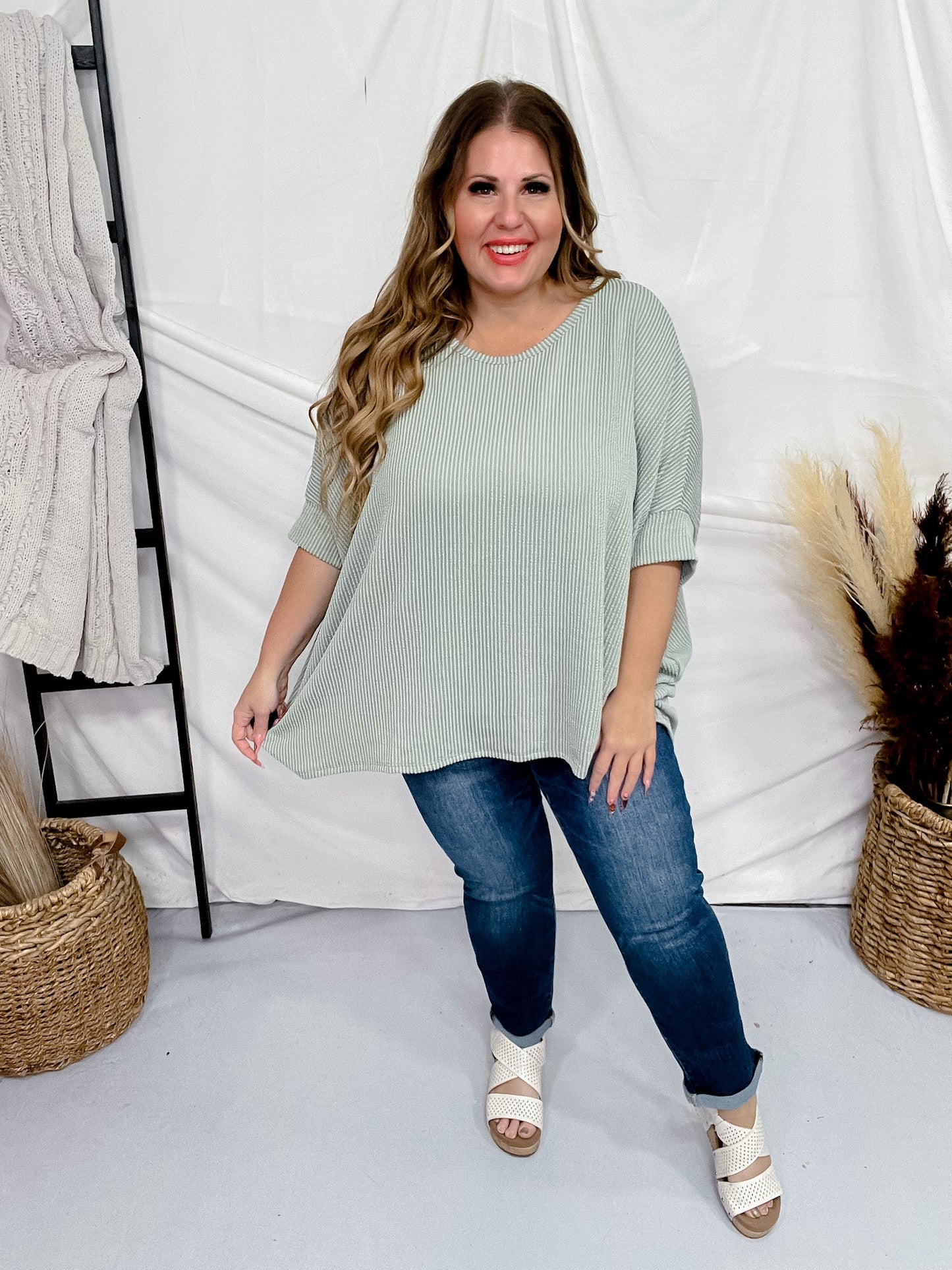 Round Neck Ribbed Tunic Top in Sage Green - Whiskey Skies - ANDREE BY UNIT