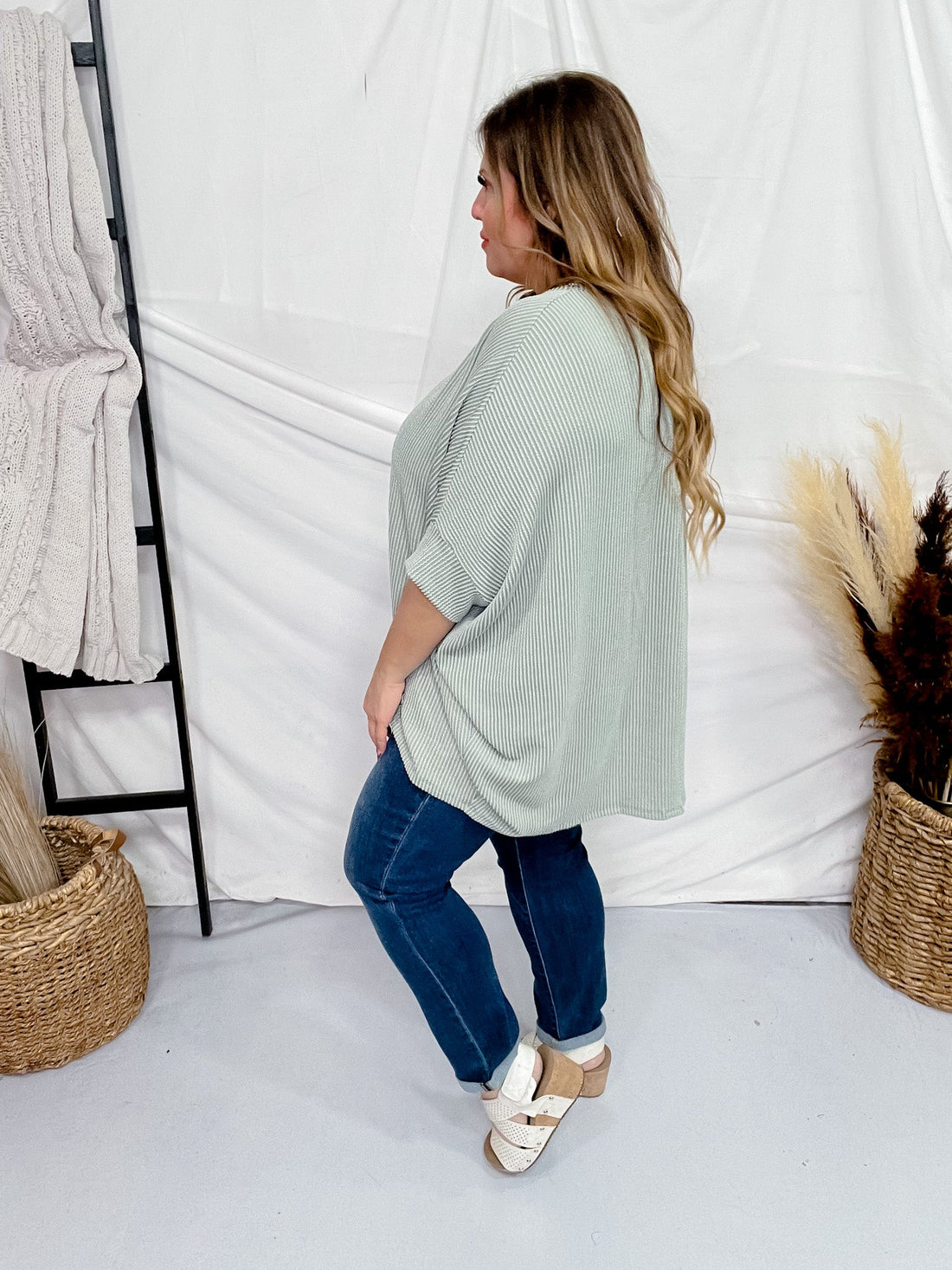 Round Neck Ribbed Tunic Top in Sage Green - Whiskey Skies - ANDREE BY UNIT