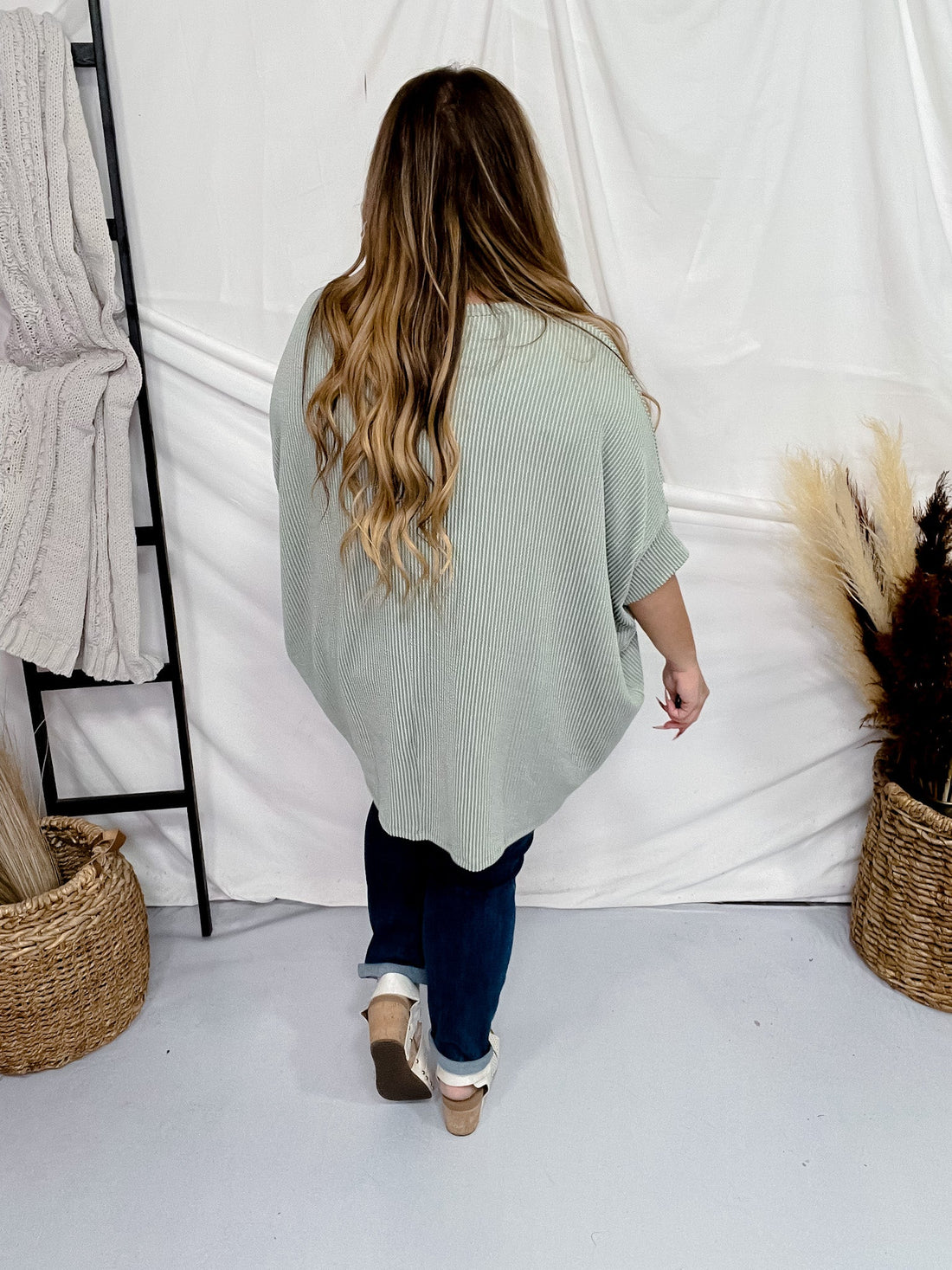 Round Neck Ribbed Tunic Top in Sage Green - Whiskey Skies - ANDREE BY UNIT