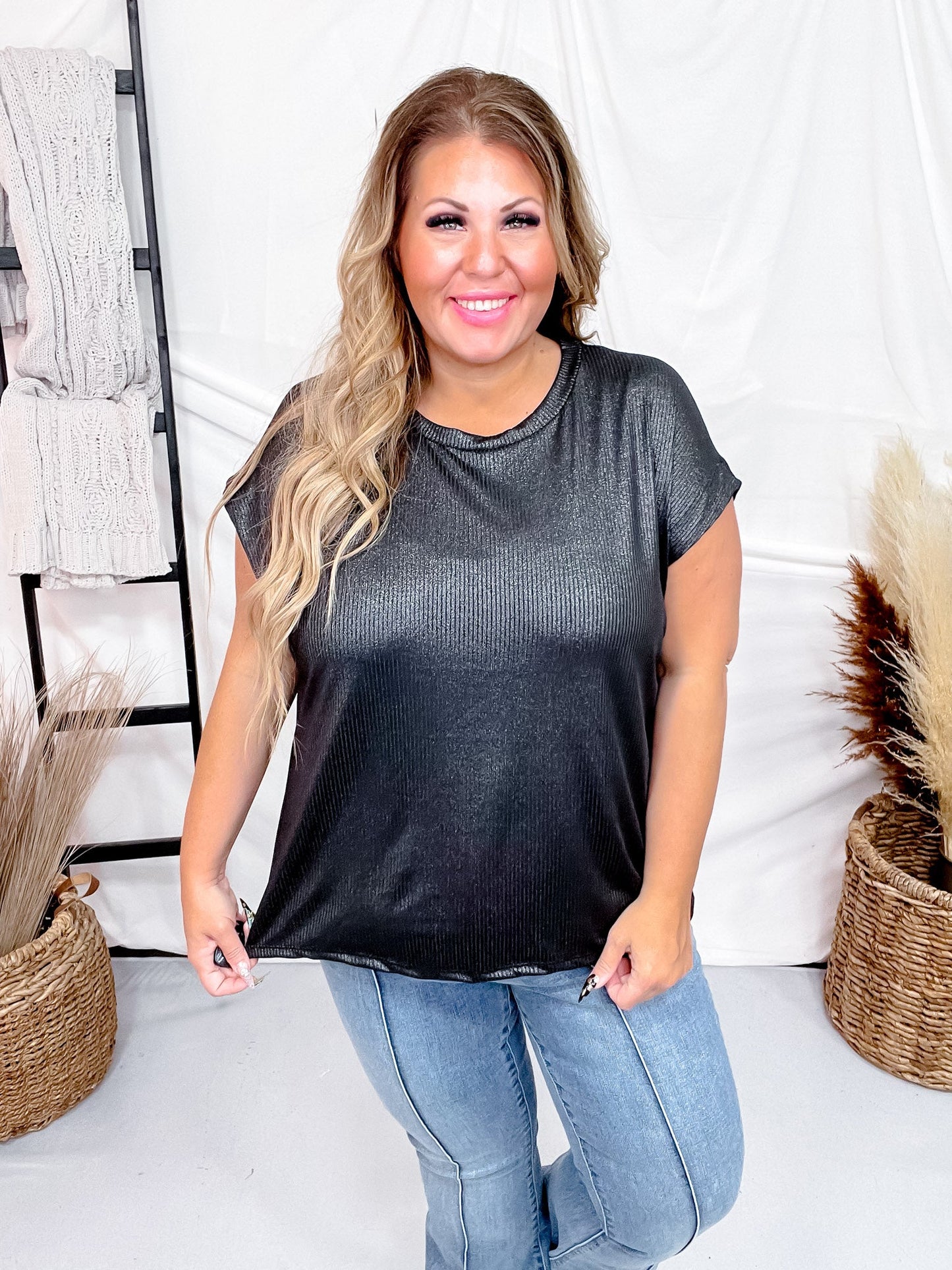 Round Neck Sleeveless Ribbed Shimmery Black Top - Whiskey Skies - SEW IN LOVE