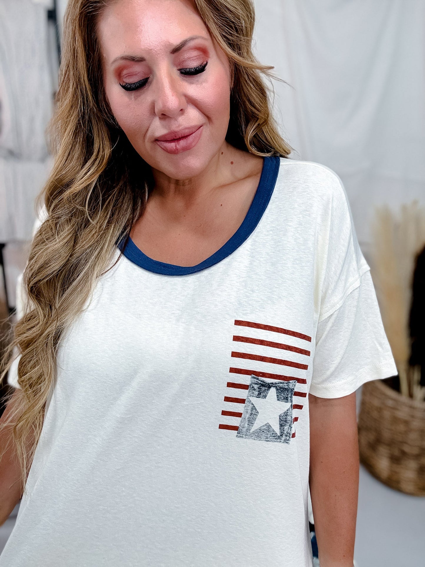 Round Neck Top With American Flag Icon & Side Slit - Whiskey Skies - POL CLOTHING INC.