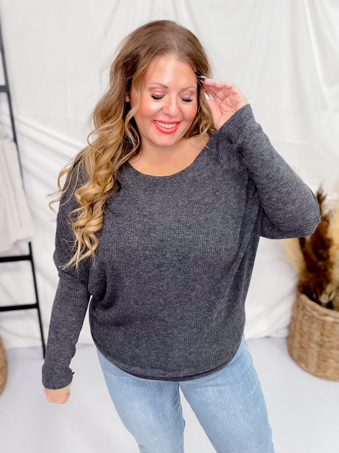 Round Neckline Solid Charcoal Long Dolman Sleeve Top - Whiskey Skies - ANDREE BY UNIT